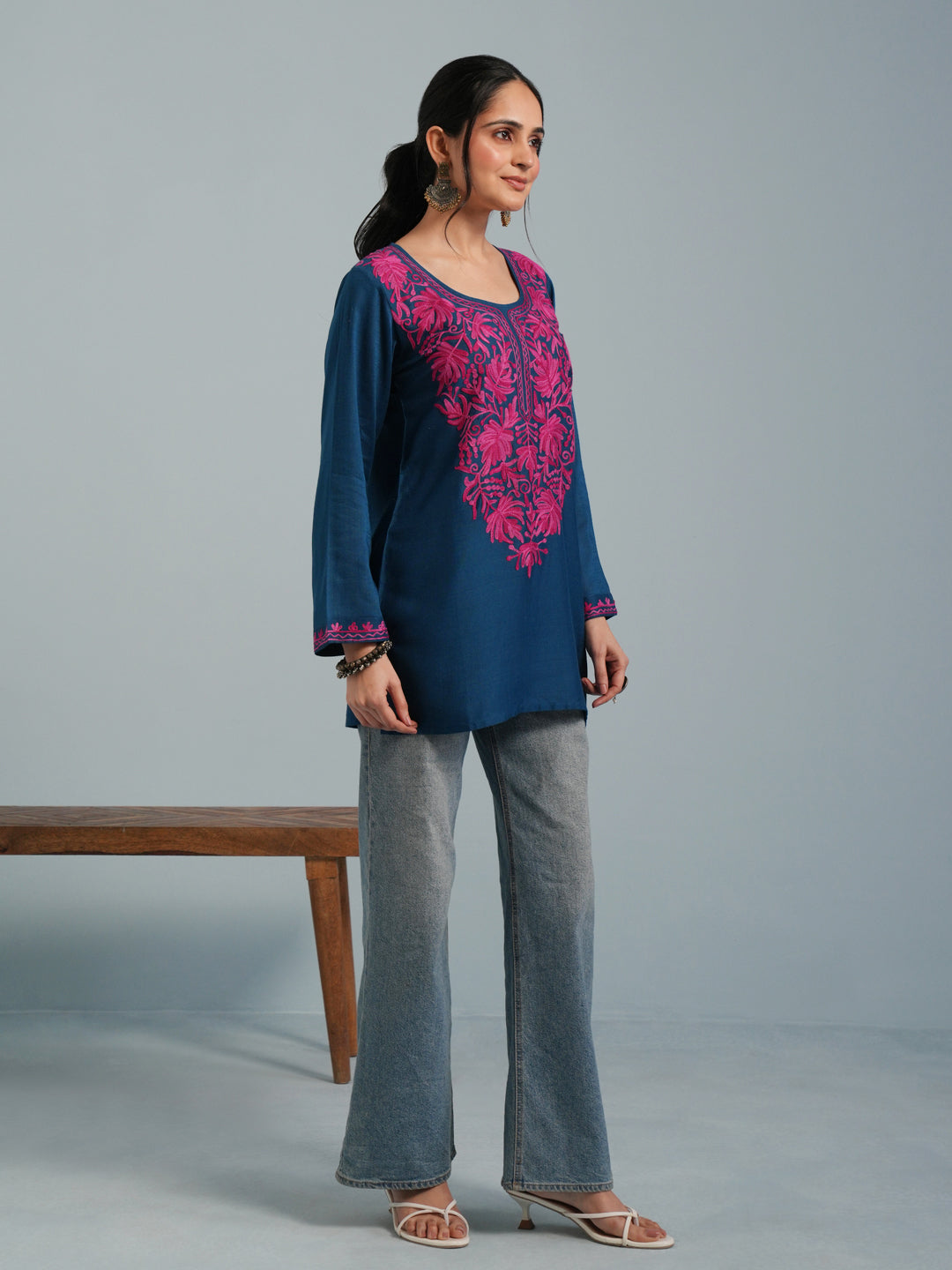 Blue Kashmiri Aari Embroidered Rayon Kurta