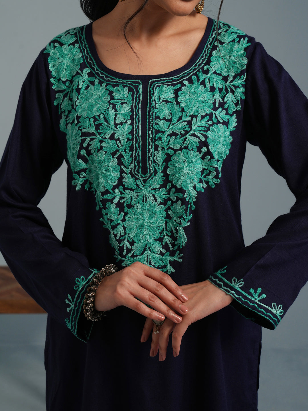 Navy Blue Kashmiri Aari Embroidered Rayon Kurta