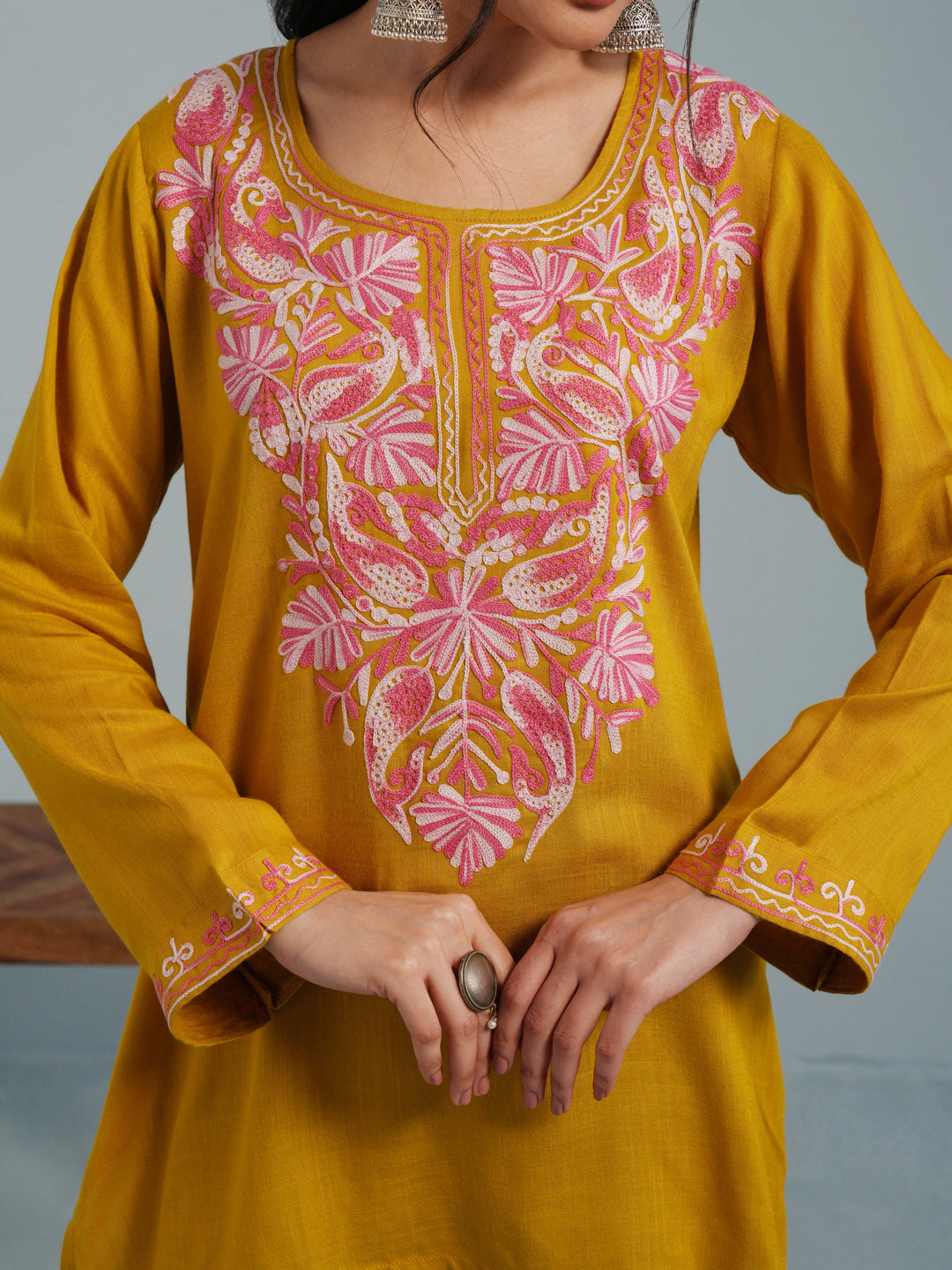Mustard Yellow Kashmiri Aari Embroidered Rayon Kurta