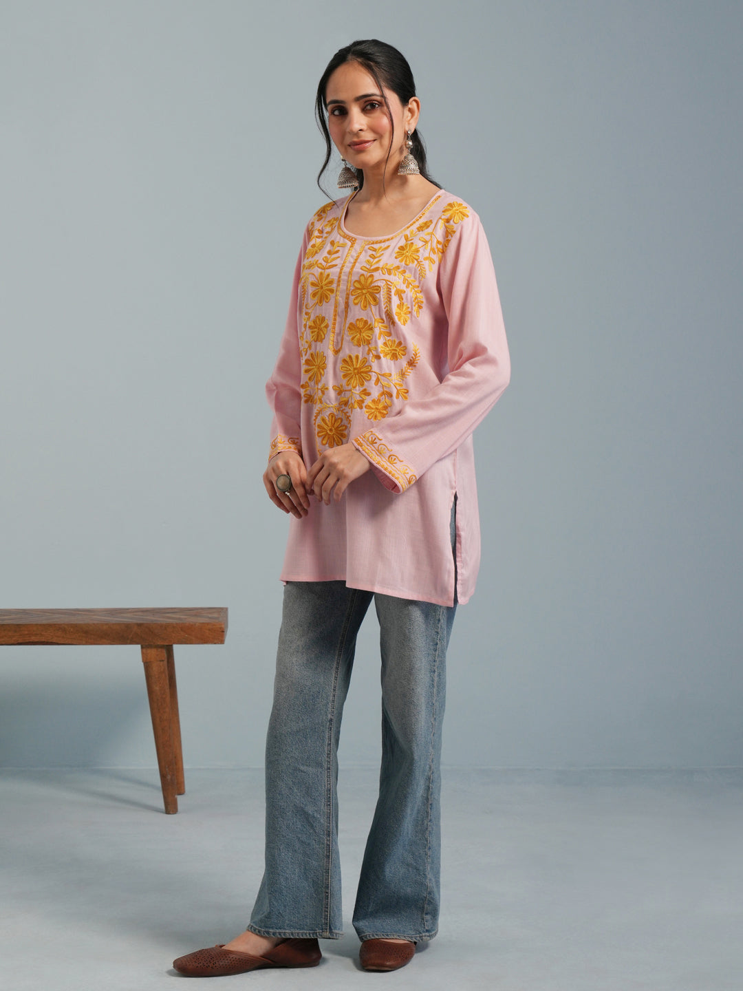 Baby Pink Kashmiri Aari Embroidered Rayon Kurta