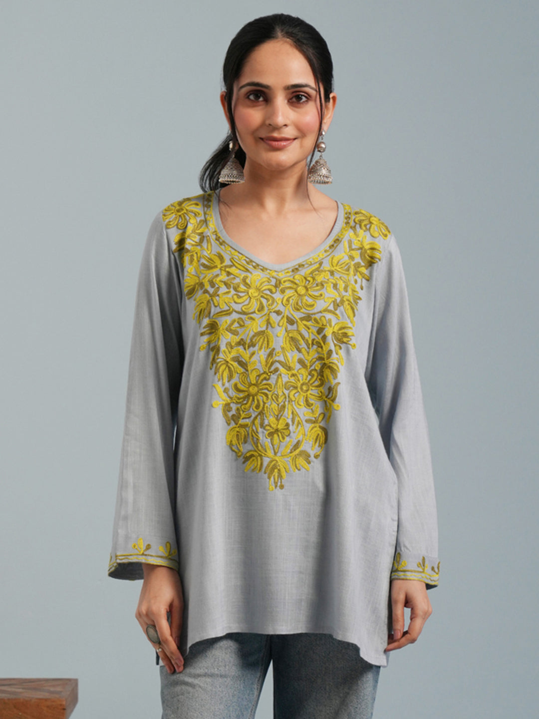 Light Blue Kashmiri Aari Embroidered Rayon Kurta
