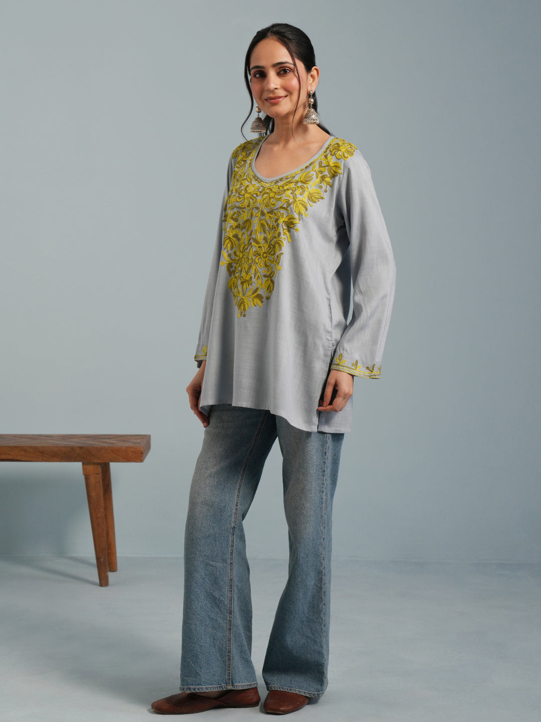 Light Blue Kashmiri Aari Embroidered Rayon Kurta
