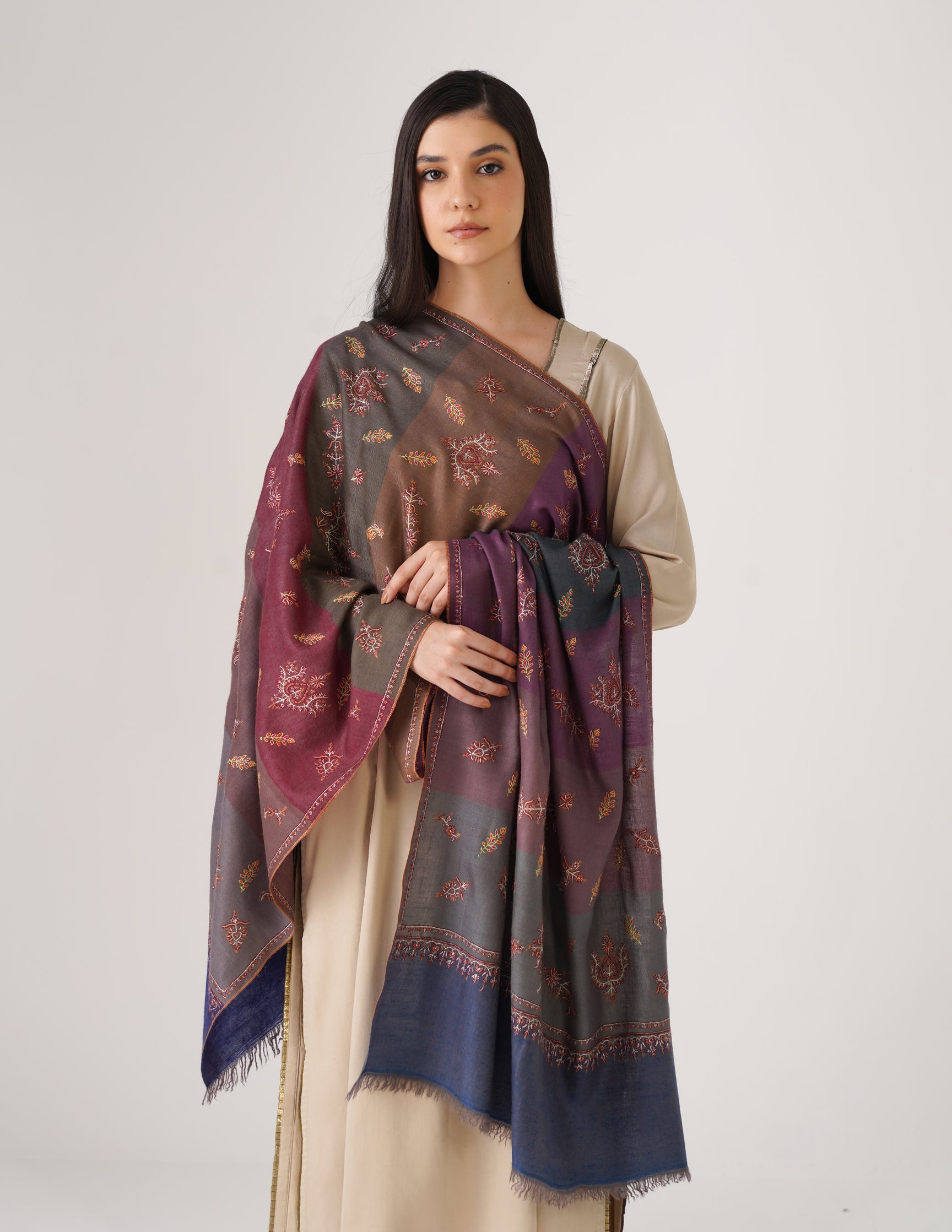 Kashmiri Handwoven Pashmina Sozni Stole Modern Stripes – Multicoloured | Handwoven Heritage