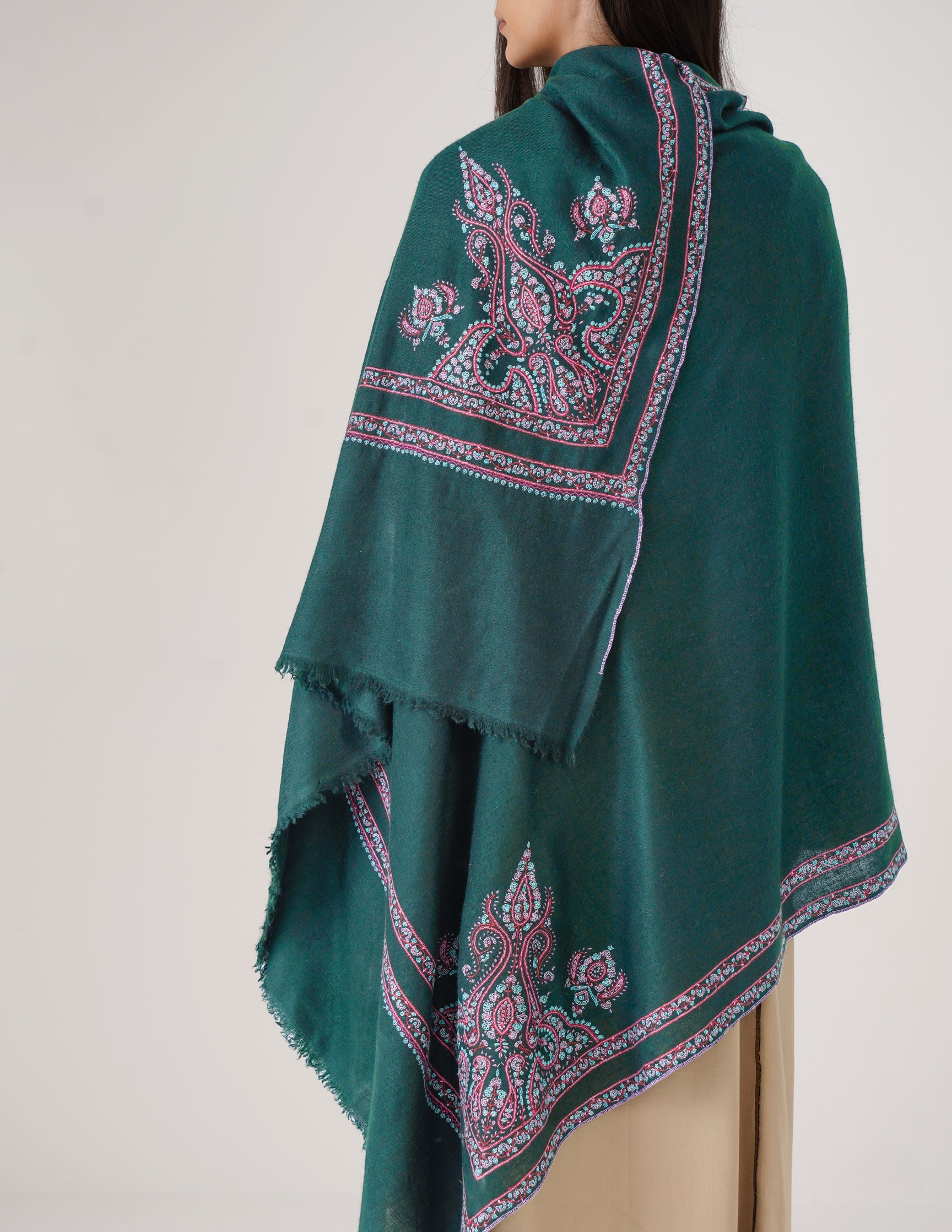 Kashmiri Handwoven Pashmina Sozni Shawl Double Hashidaar – Bottle Green | Handwoven Heritage - Kashmir Box