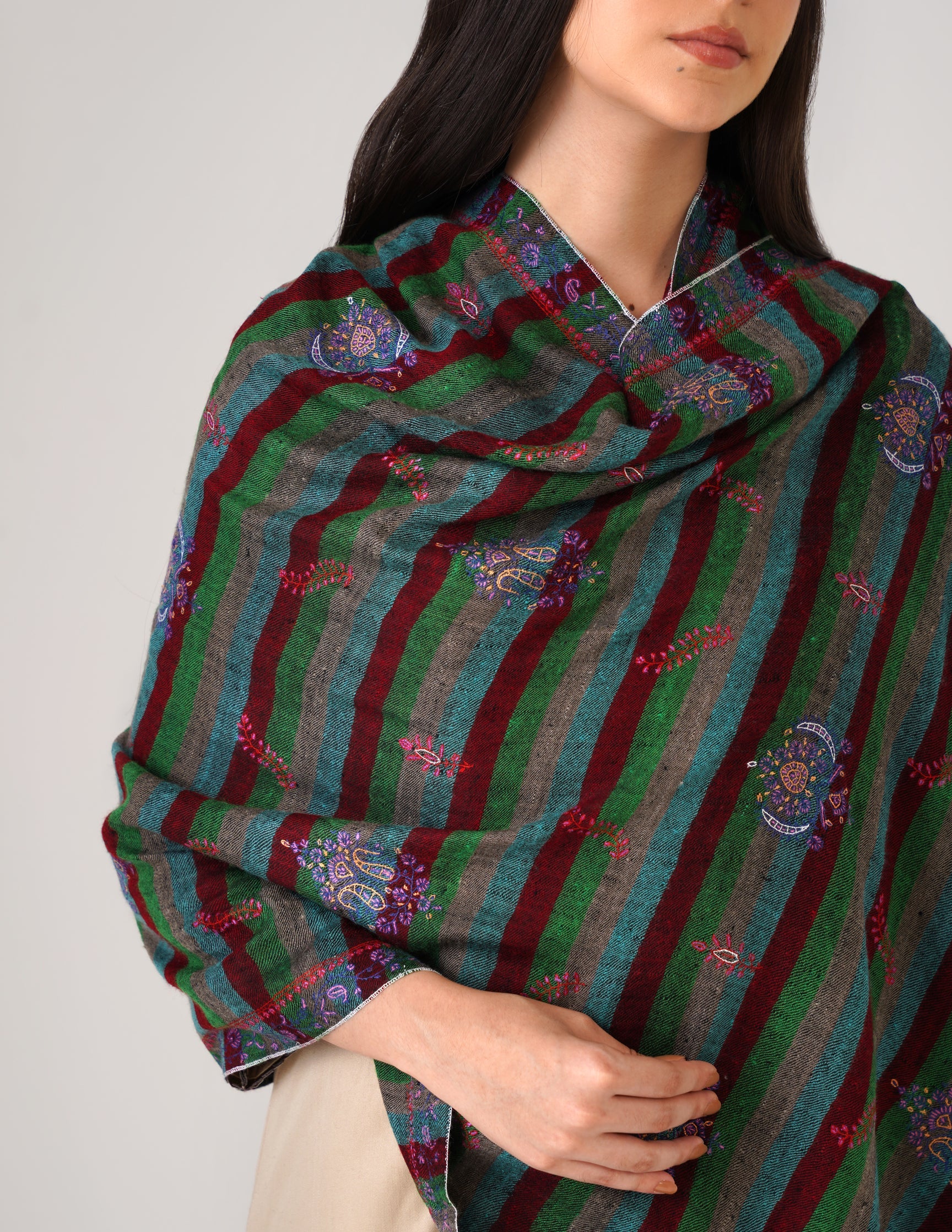 Kashmiri Handwoven Pashmina Sozni Stole Modern Stripes – Black & Multicolour | Handwoven Heritage - Kashmir Box