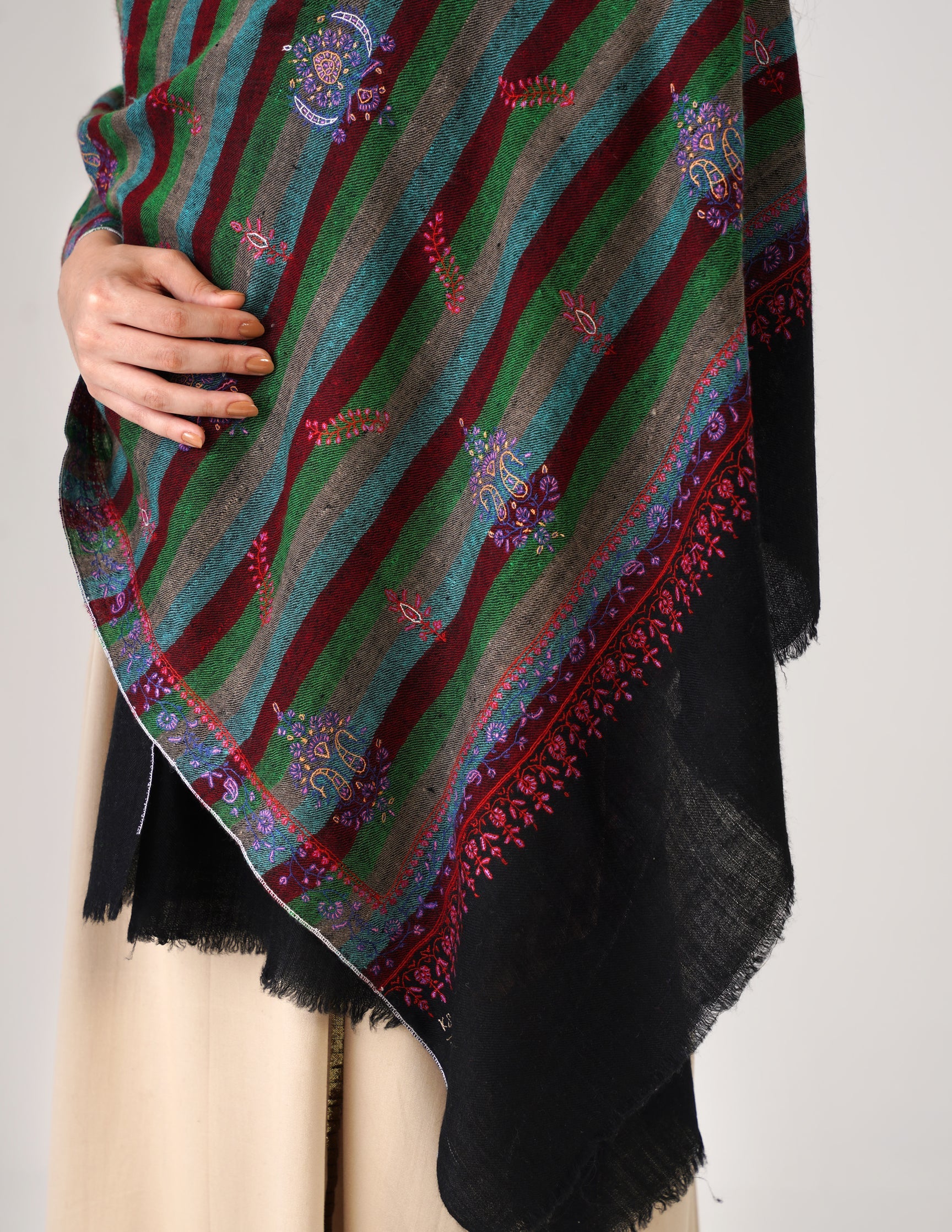 Kashmiri Handwoven Pashmina Sozni Stole Modern Stripes – Black & Multicolour | Handwoven Heritage - Kashmir Box