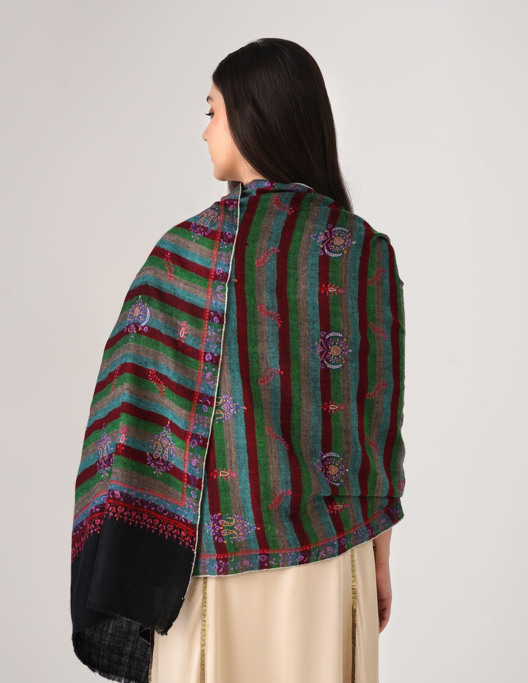 Kashmiri Handwoven Pashmina Sozni Stole Modern Stripes – Black & Multicolour | Handwoven Heritage