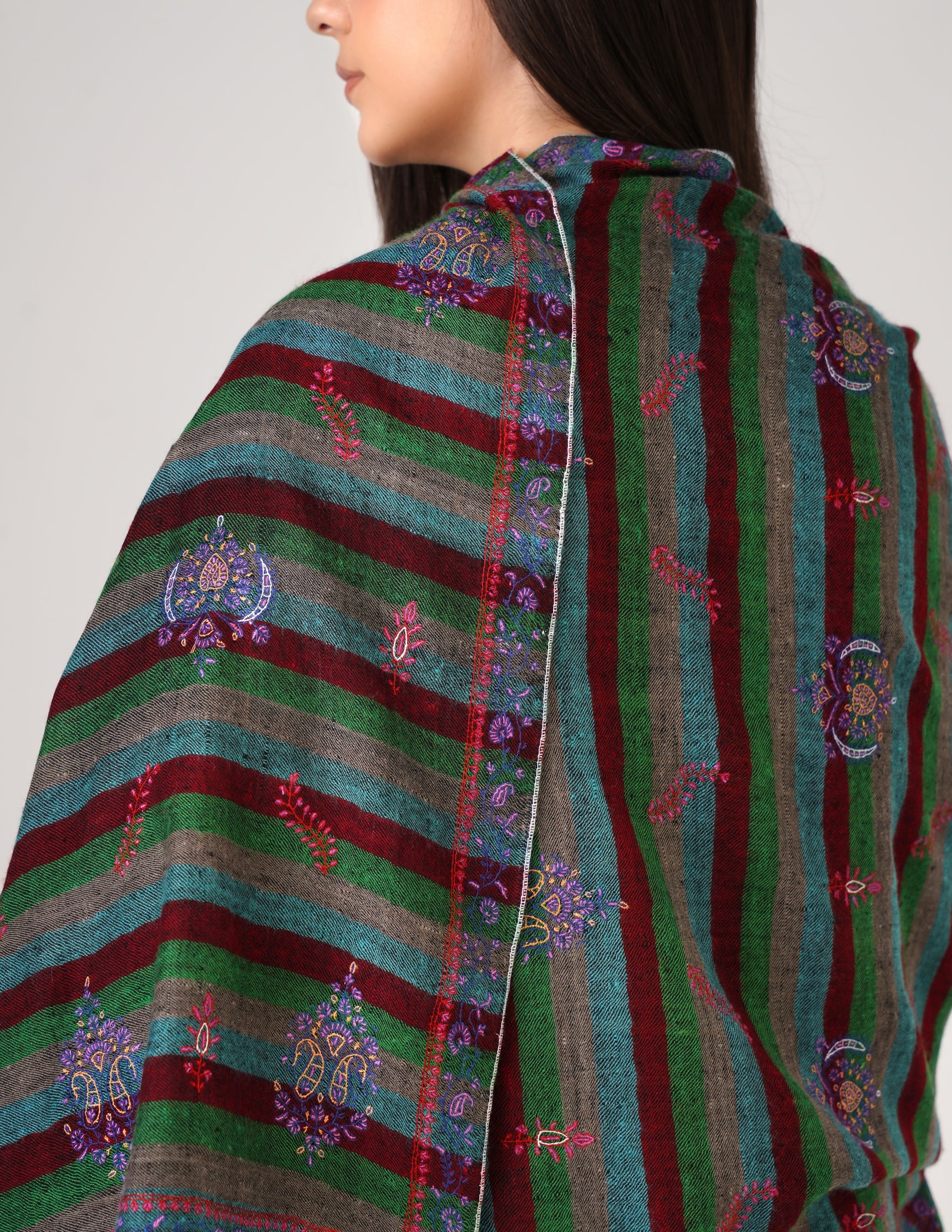 Kashmiri Handwoven Pashmina Sozni Stole Modern Stripes – Black & Multicolour | Handwoven Heritage - Kashmir Box