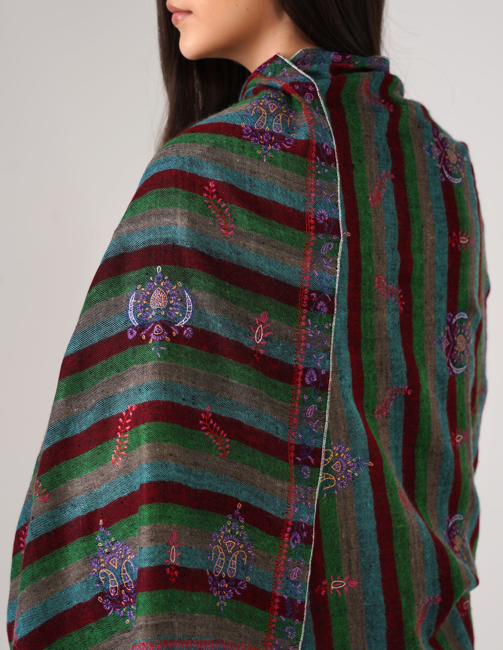 Kashmiri Handwoven Pashmina Sozni Stole Modern Stripes – Black & Multicolour | Handwoven Heritage - Kashmir Box