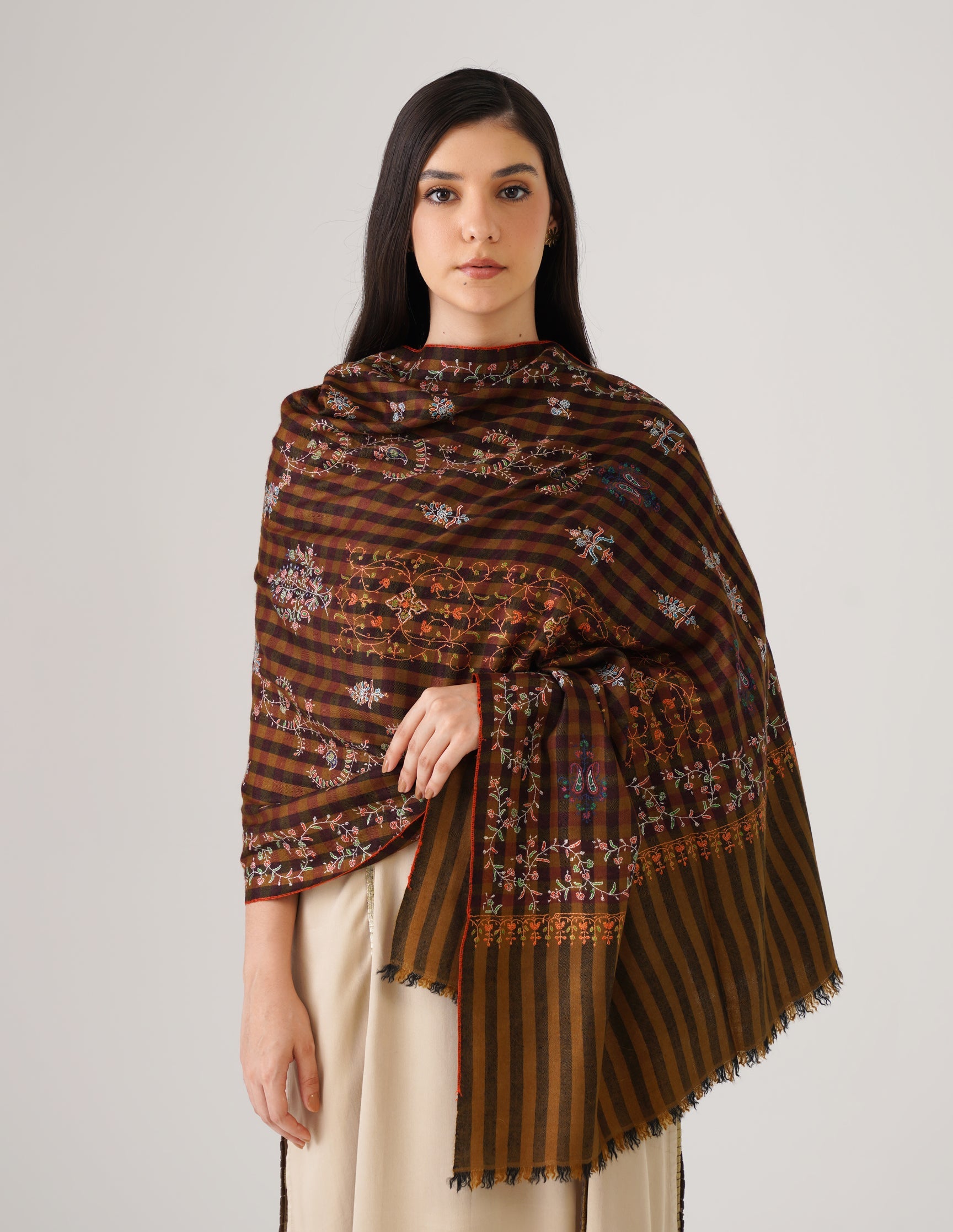 Kashmiri Handwoven Pashmina Sozni Stole Striped Modern – Mustard & Black | Handwoven Heritage