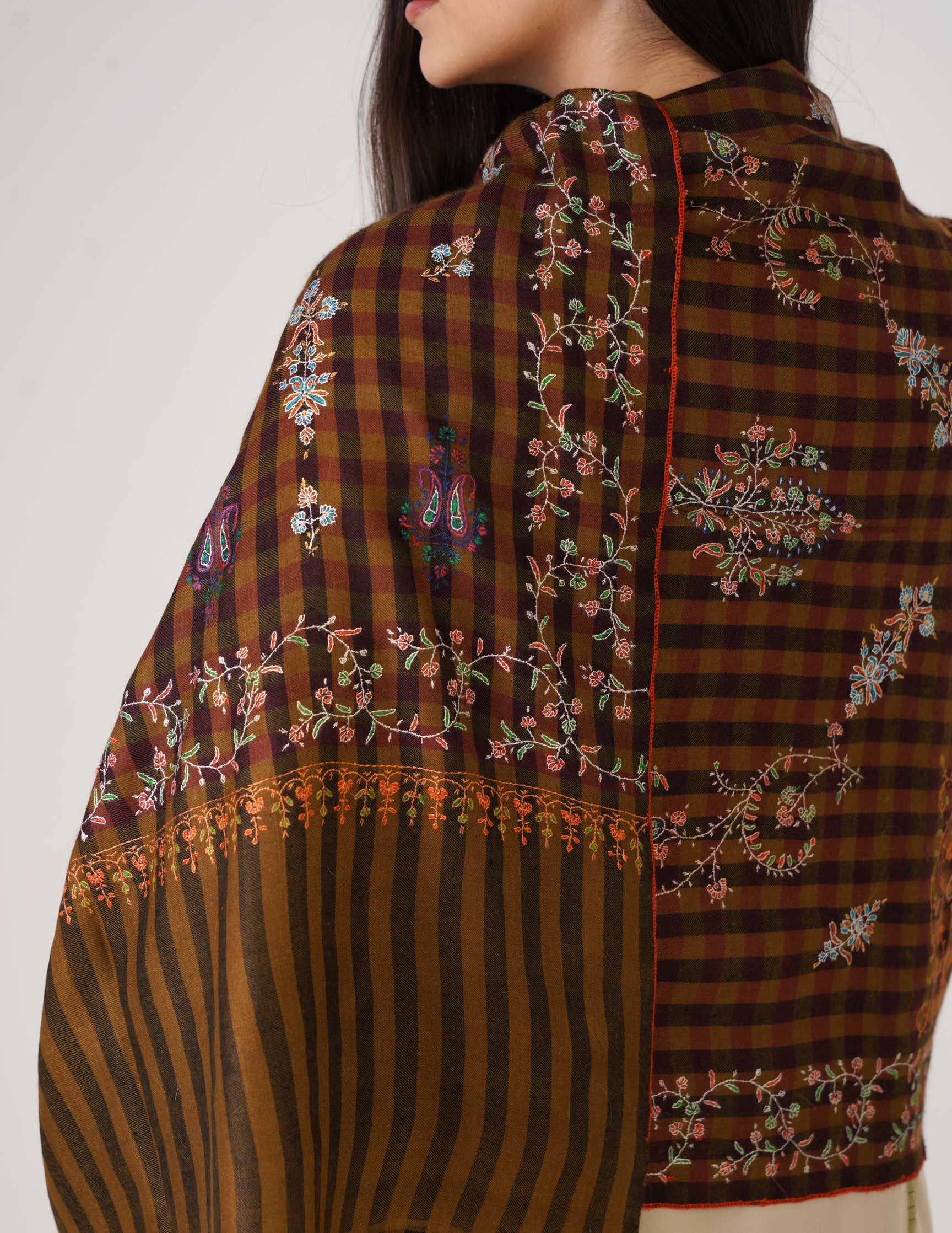 Kashmiri Handwoven Pashmina Sozni Stole Striped Modern – Mustard & Black | Handwoven Heritage