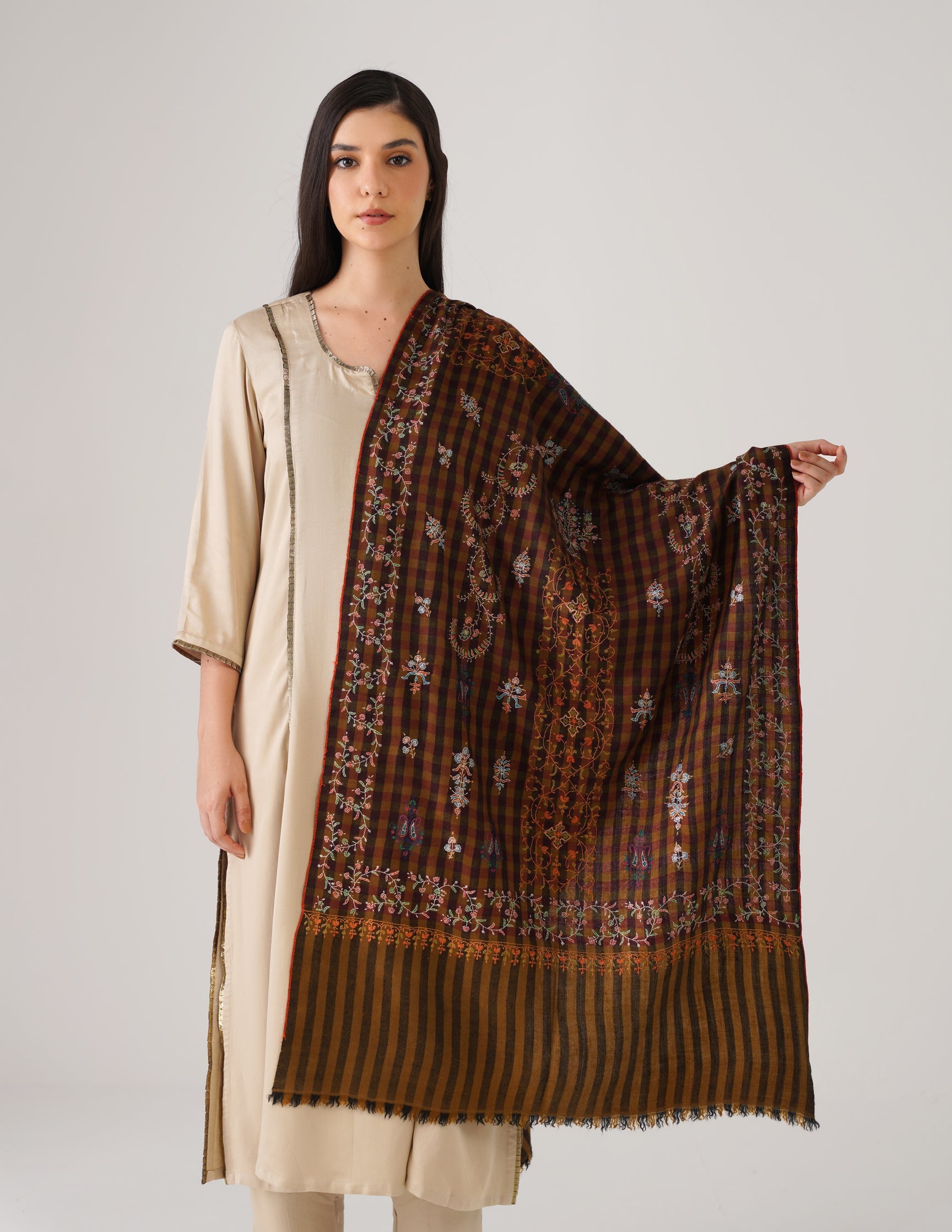 Kashmiri Handwoven Pashmina Sozni Stole Striped Modern – Mustard & Black | Handwoven Heritage