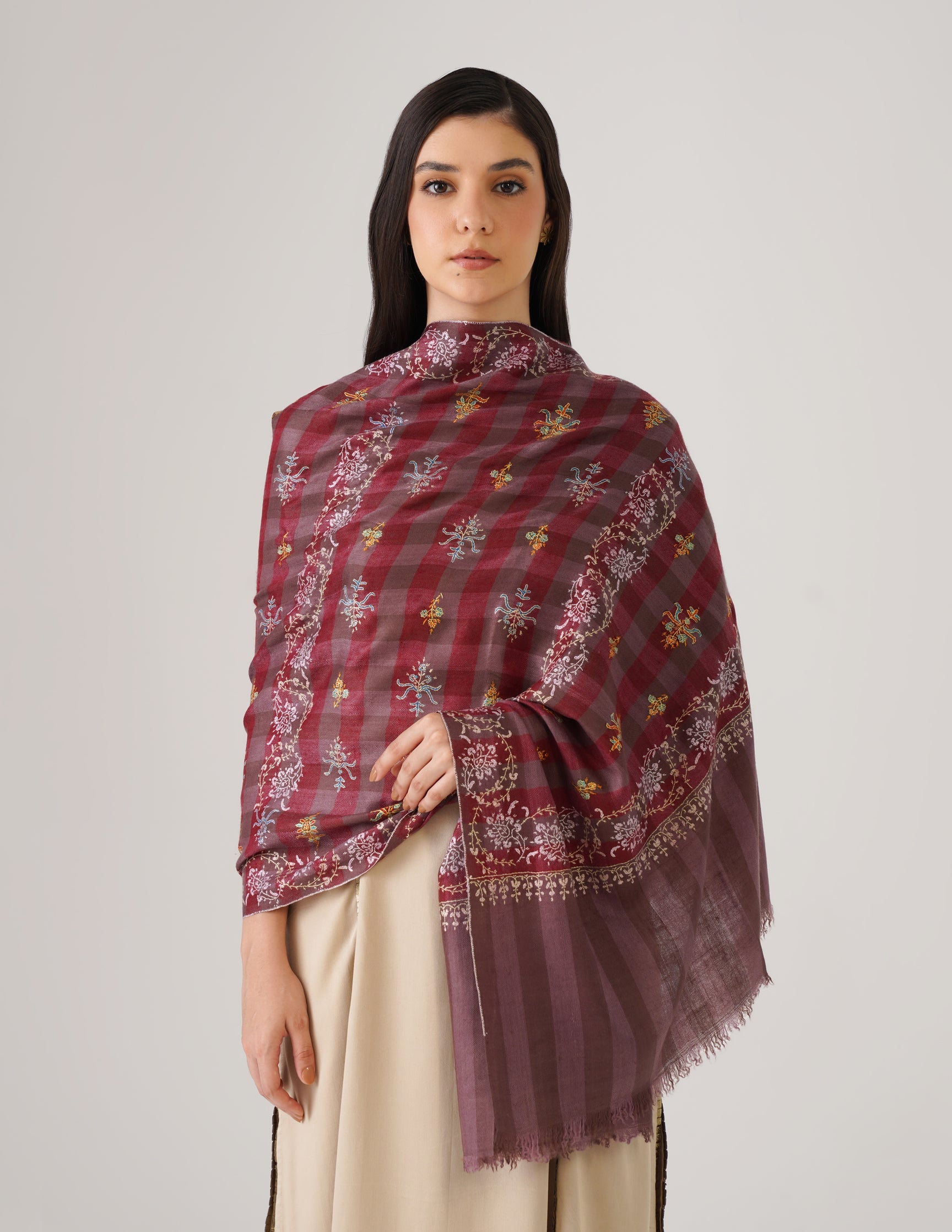 Kashmiri Handwoven Pashmina Sozni Stole Modern Check – Brown & Maroon | Handwoven Heritage