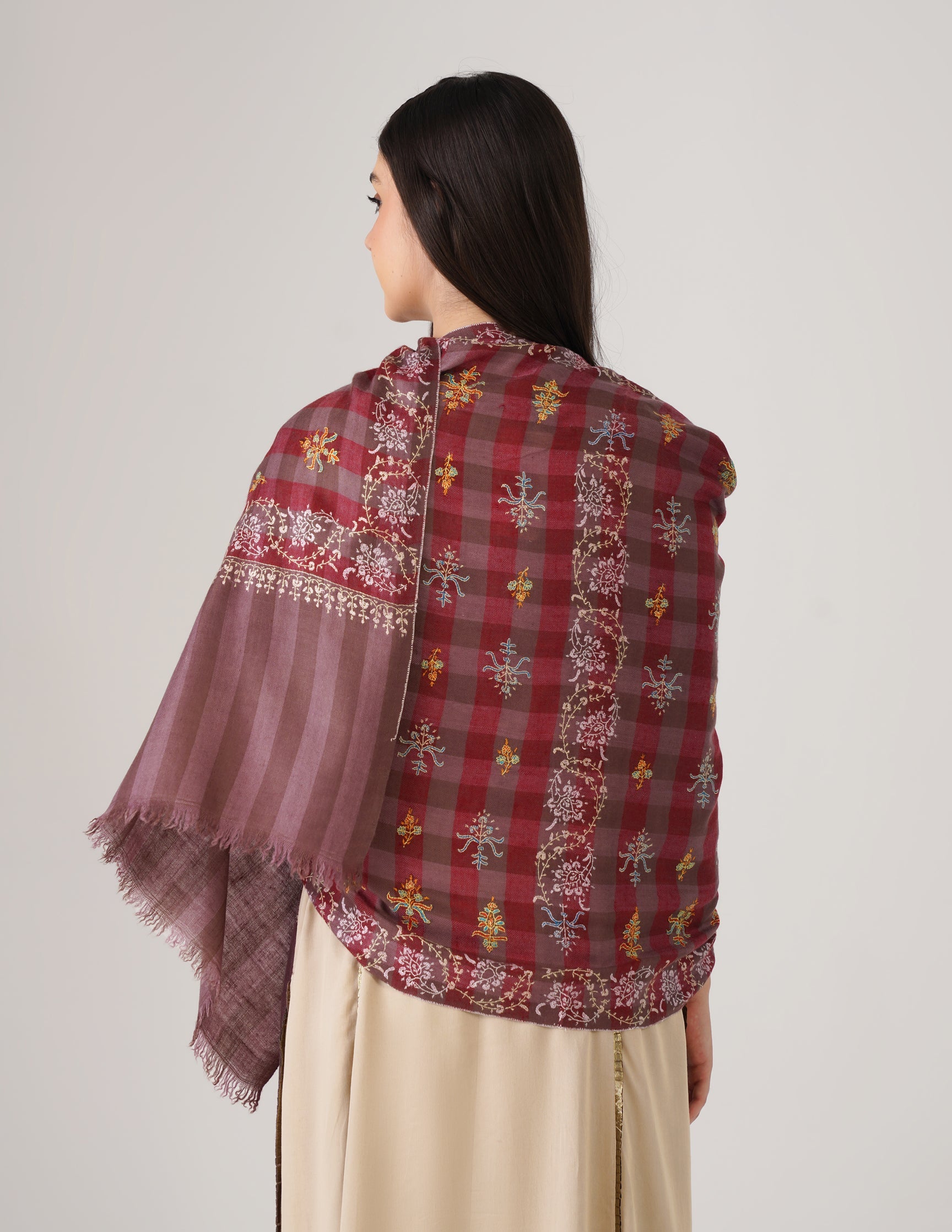 Kashmiri Handwoven Pashmina Sozni Stole Modern Check – Brown & Maroon | Handwoven Heritage - Kashmir Box
