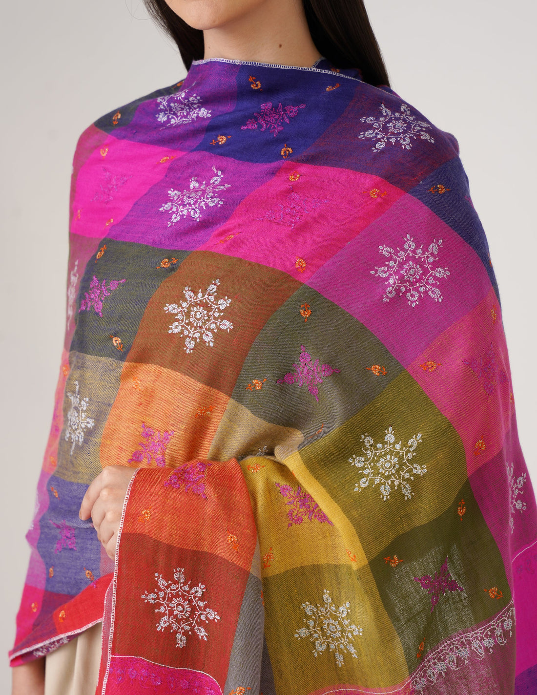 Kashmiri Handwoven Pashmina Sozni Stole Modern Check – Multicoloured | Handwoven Heritage