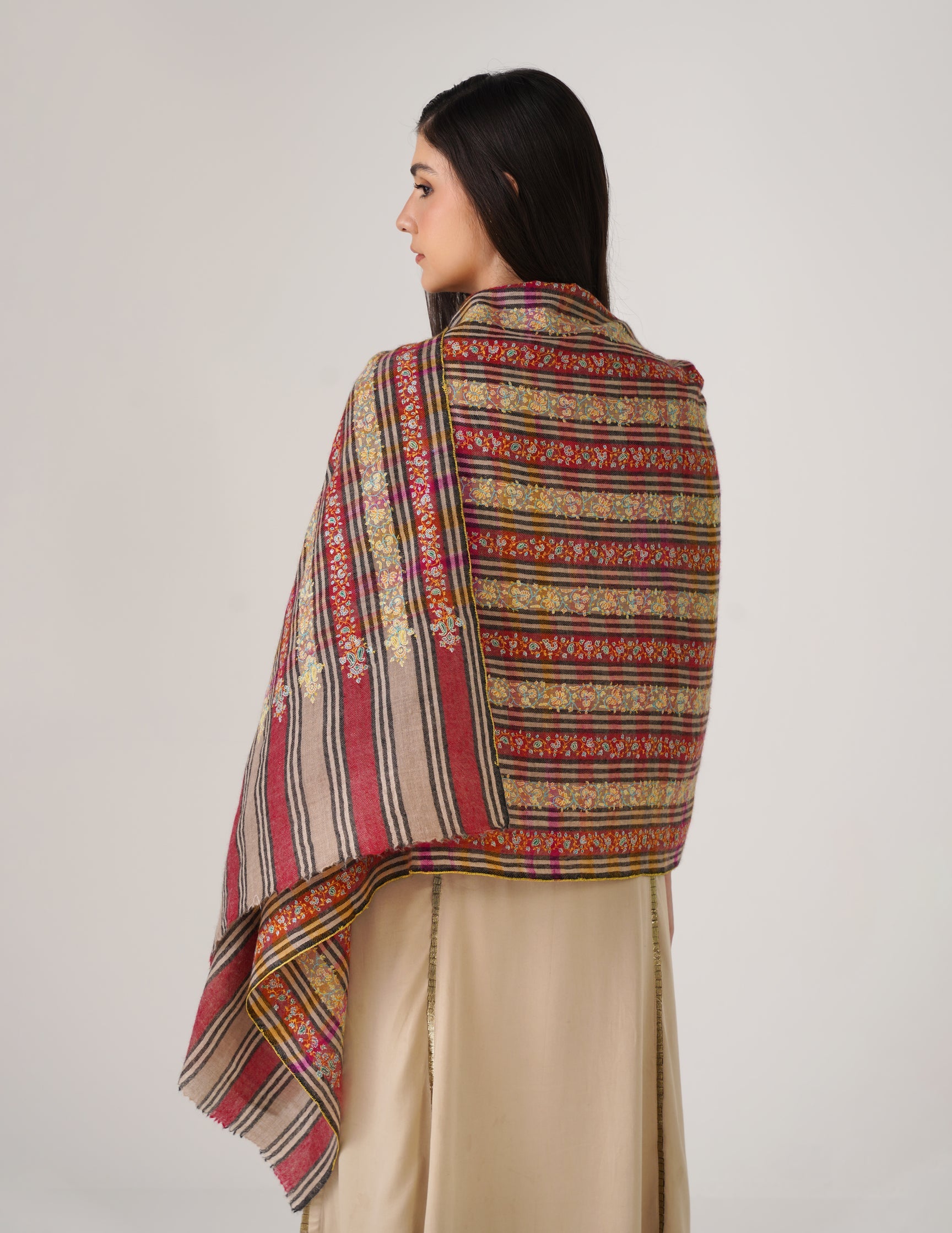 Kashmiri Handwoven Pashmina Sozni Stole Striped Khatiraas – Multicoloured | Handwoven Heritage