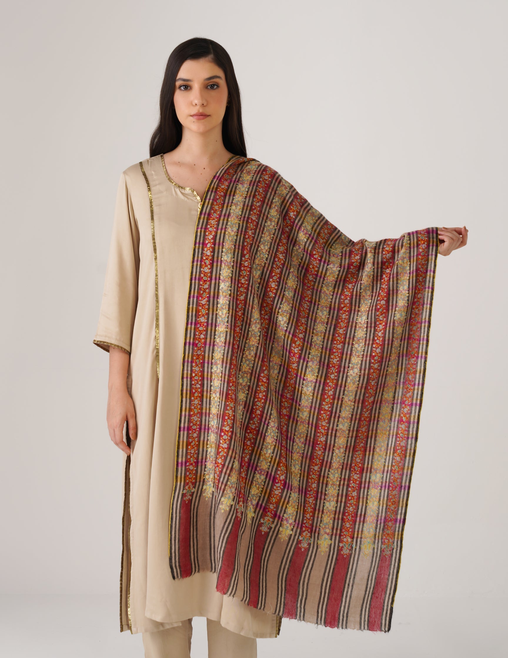 Kashmiri Handwoven Pashmina Sozni Stole Striped Khatiraas – Multicoloured | Handwoven Heritage