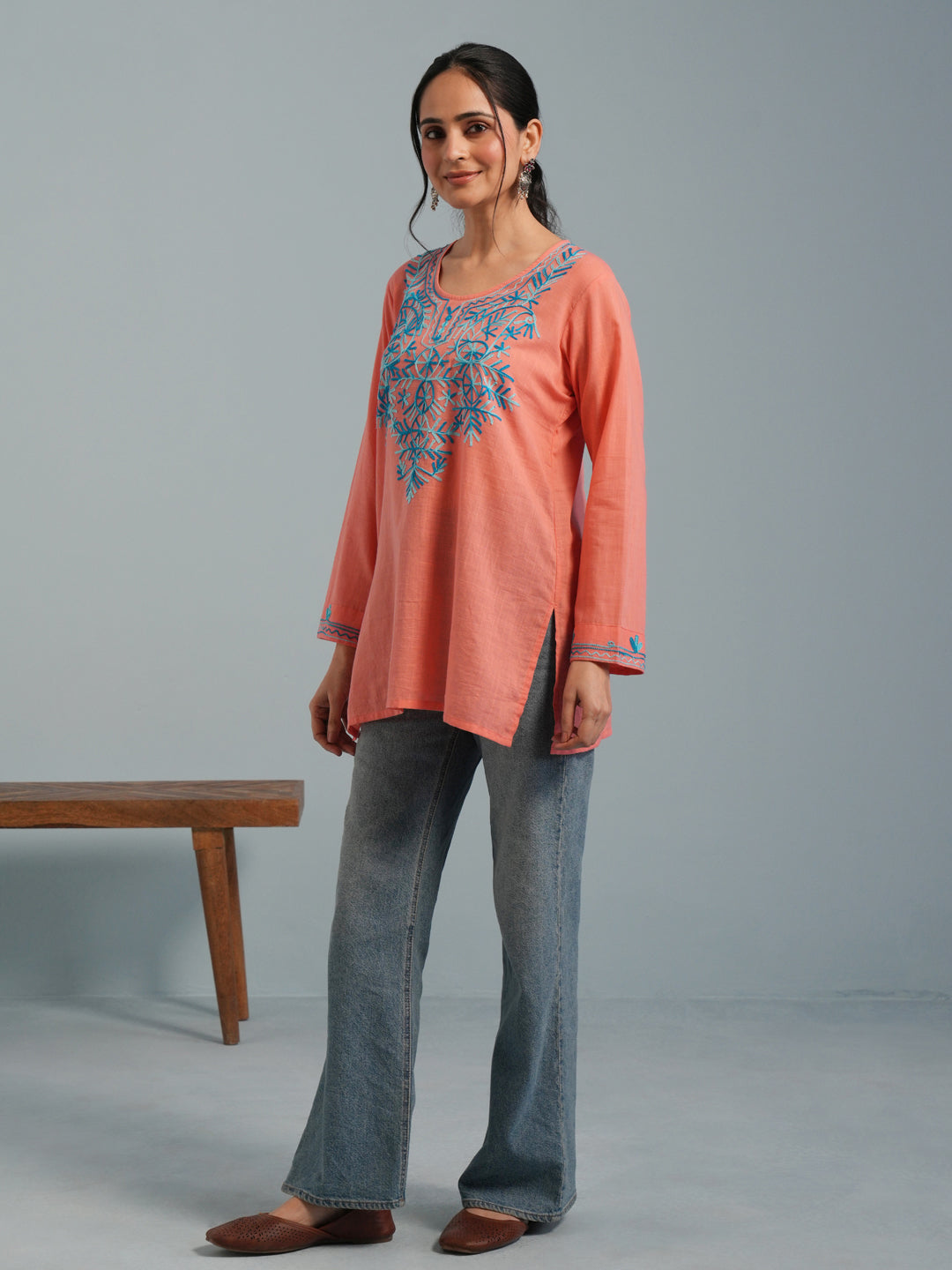 Peach Kashmiri Aari Embroidered Rayon Kurta