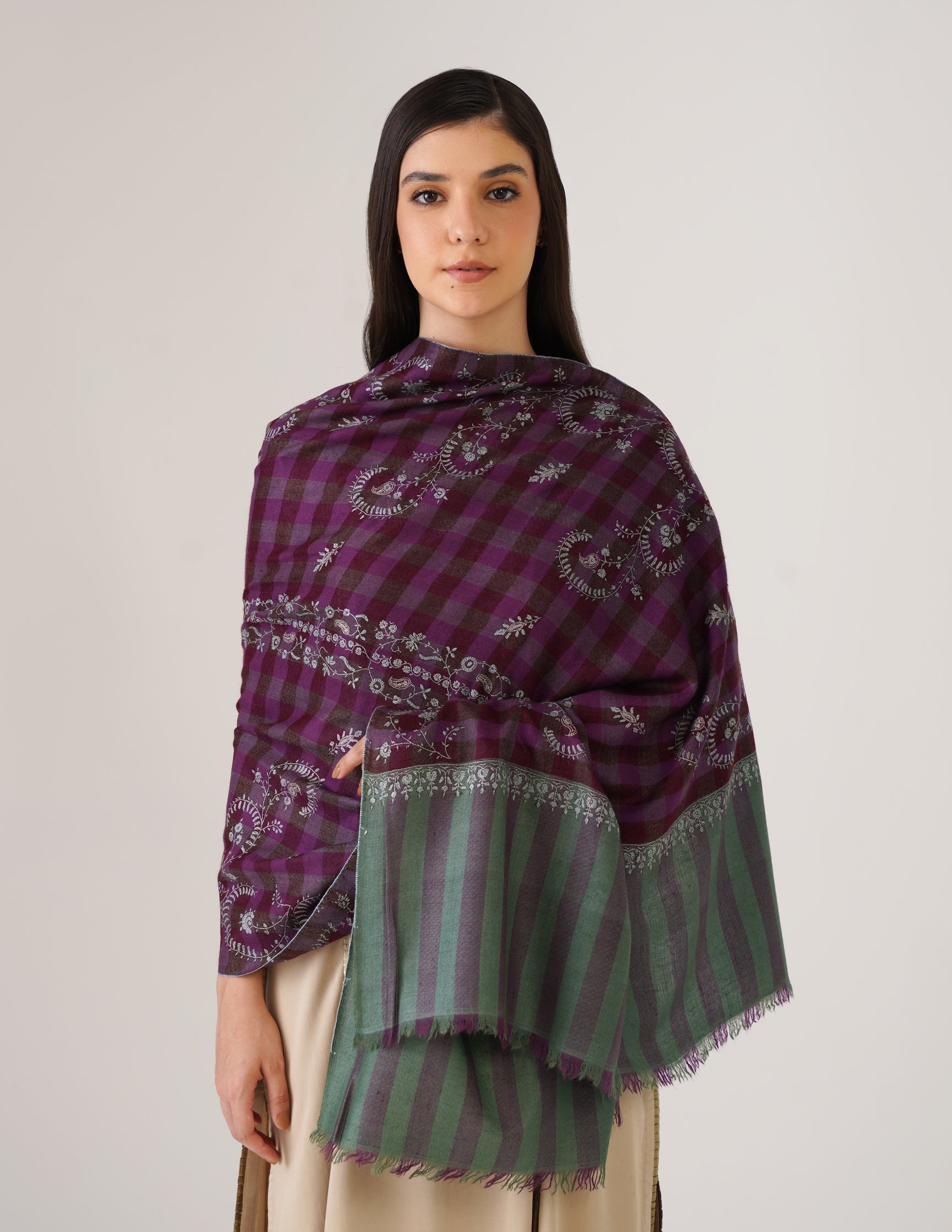 Kashmiri Handwoven Pashmina Sozni Stole Striped Modern – Green & Purple | Handwoven Heritage