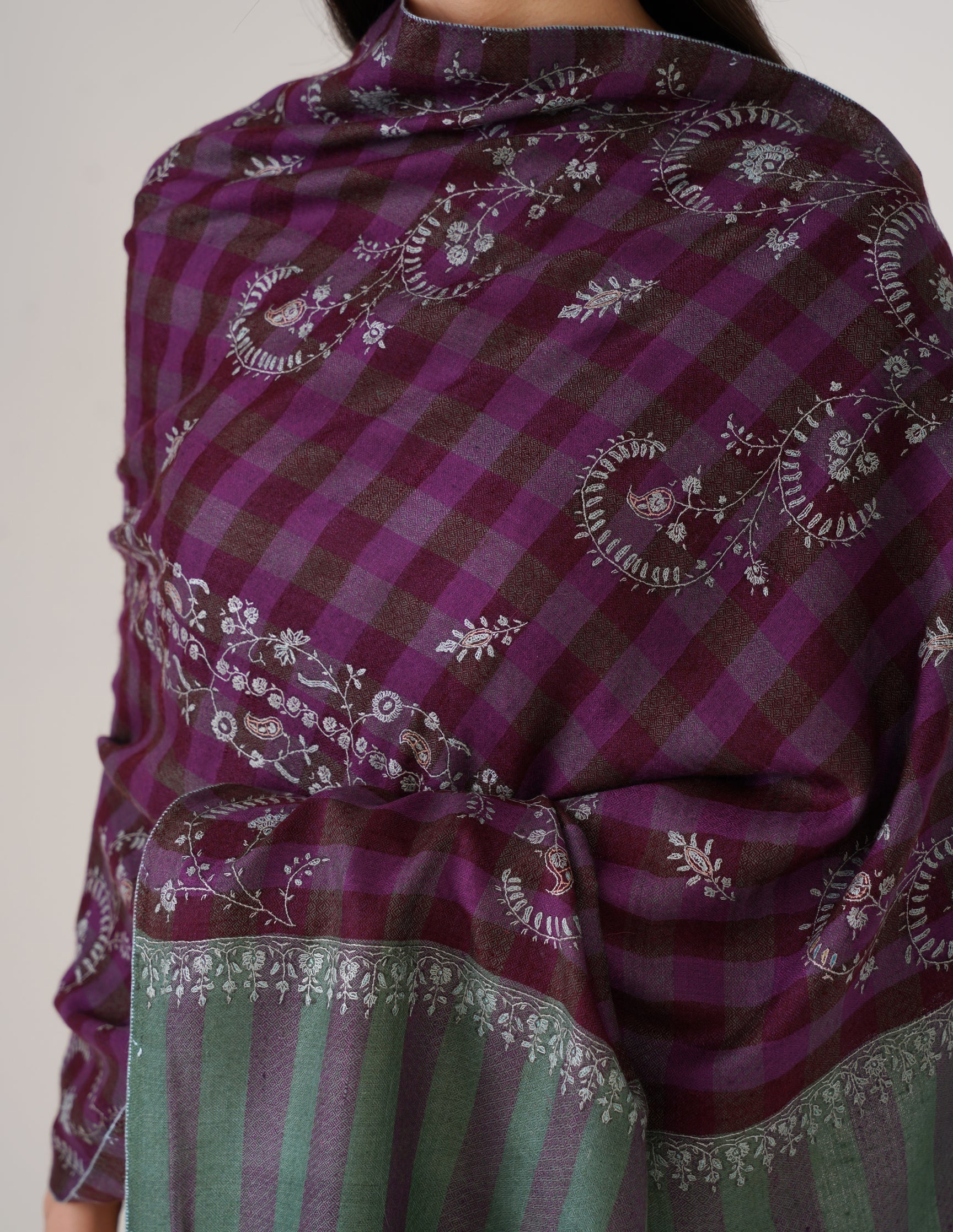 Kashmiri Handwoven Pashmina Sozni Stole Striped Modern – Green & Purple | Handwoven Heritage