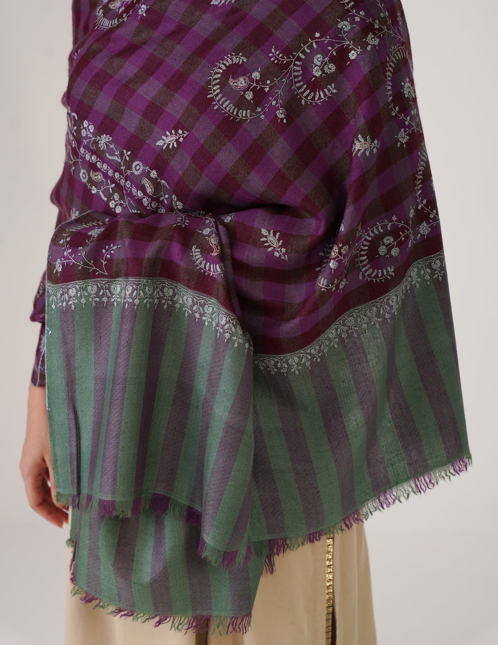 Kashmiri Handwoven Pashmina Sozni Stole Striped Modern – Green & Purple | Handwoven Heritage
