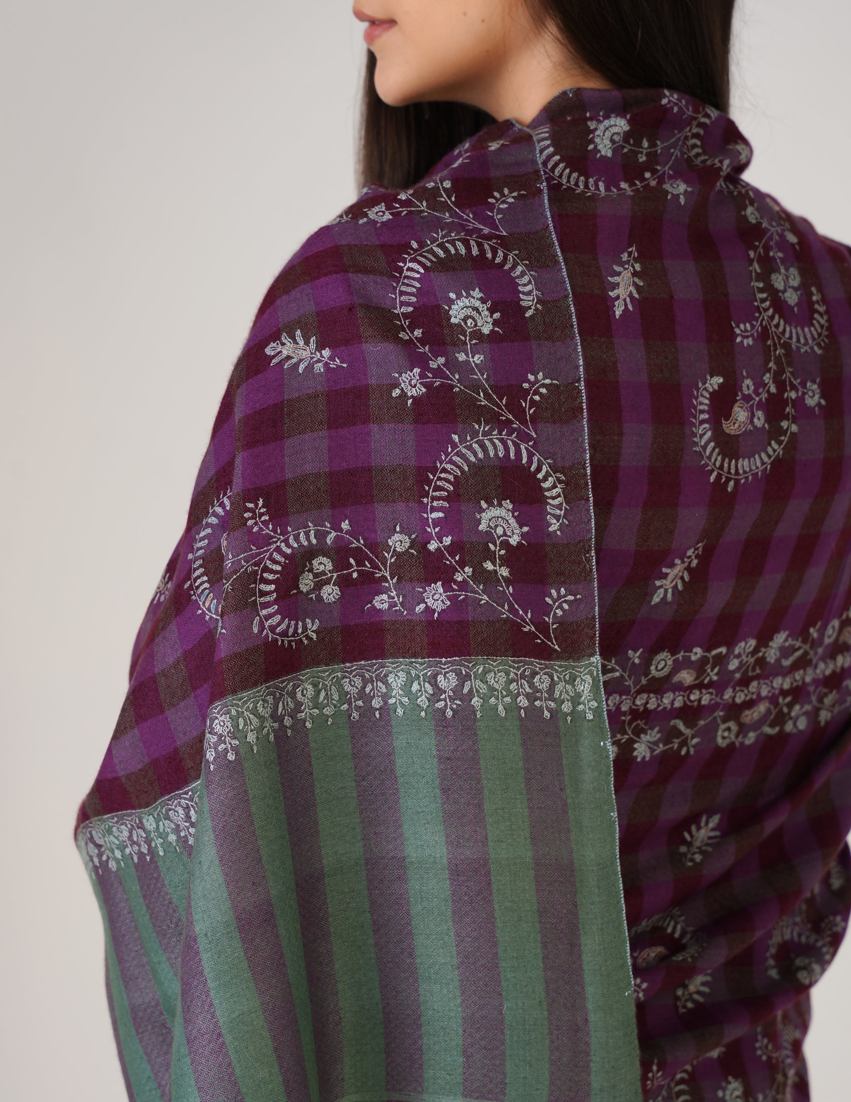 Kashmiri Handwoven Pashmina Sozni Stole Striped Modern – Green & Purple | Handwoven Heritage