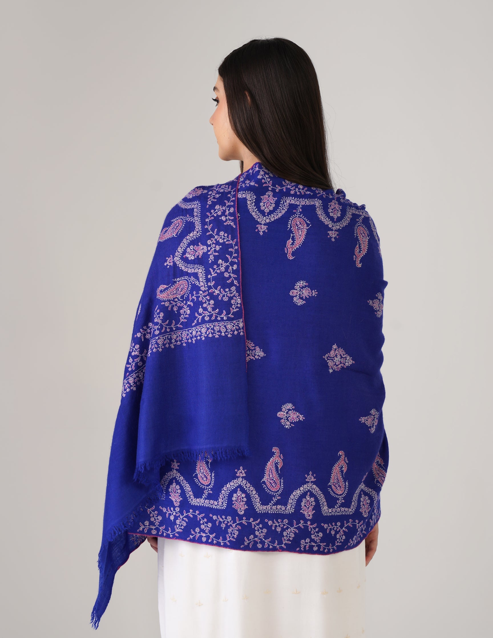 Kashmiri Handwoven Pashmina Sozni Stole Modern Design – Royal Blue | Handwoven Heritage