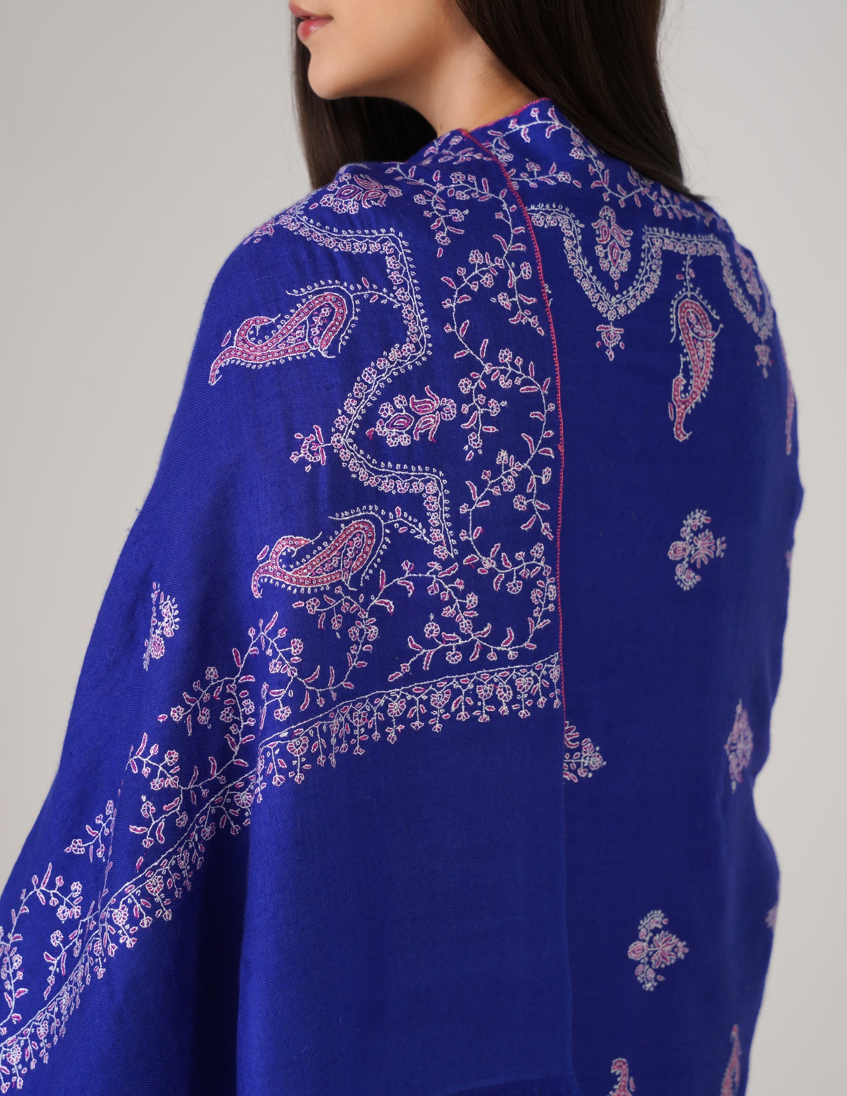 Kashmiri Handwoven Pashmina Sozni Stole Modern Design – Royal Blue | Handwoven Heritage