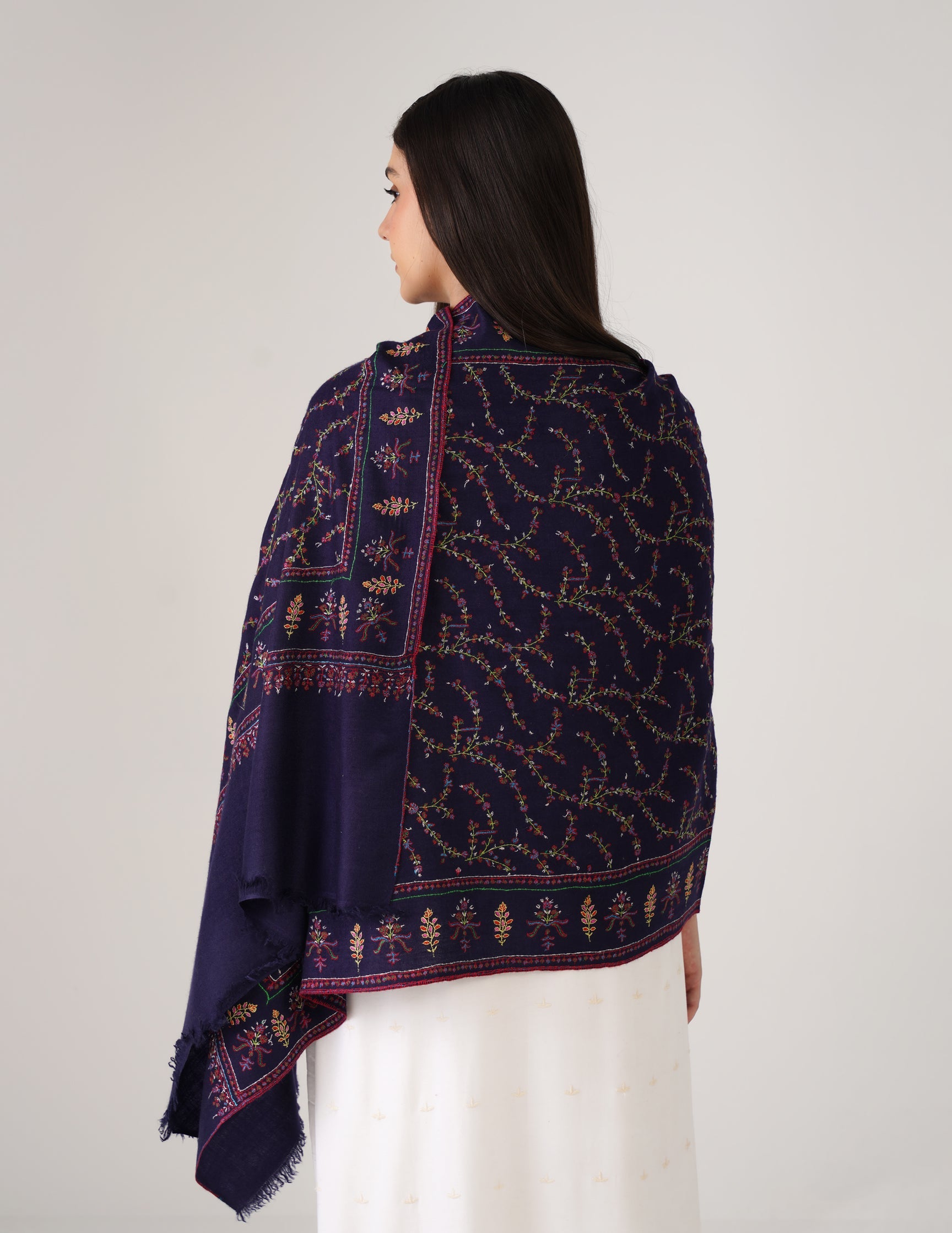 Kashmiri Handwoven Pashmina Sozni Stole Jaalidar Modern – Navy Blue | Handwoven Heritage