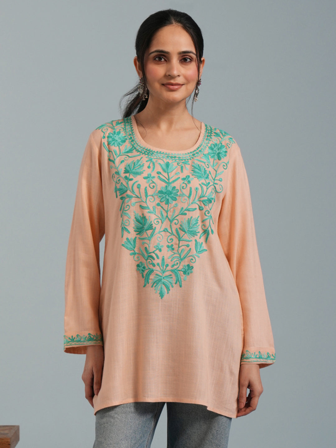 Almond Kashmiri Aari Embroidered Rayon Kurta