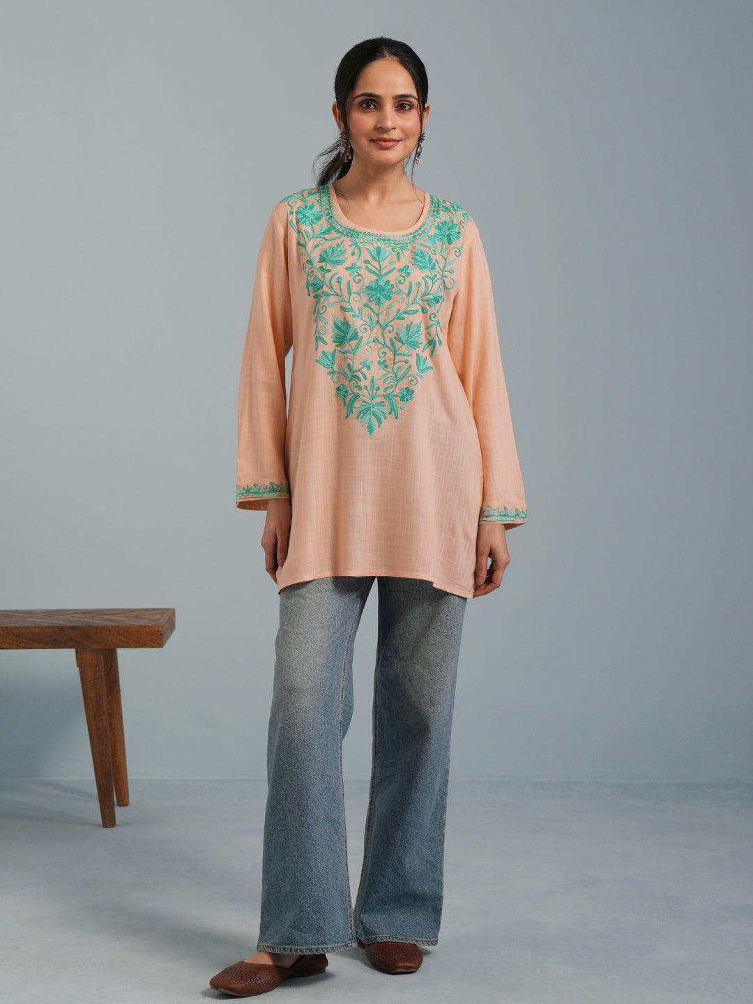 Almond Kashmiri Aari Embroidered Rayon Kurta