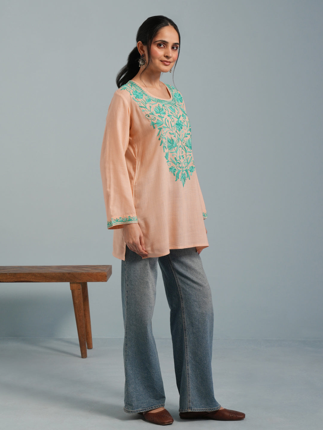 Almond Kashmiri Aari Embroidered Rayon Kurta