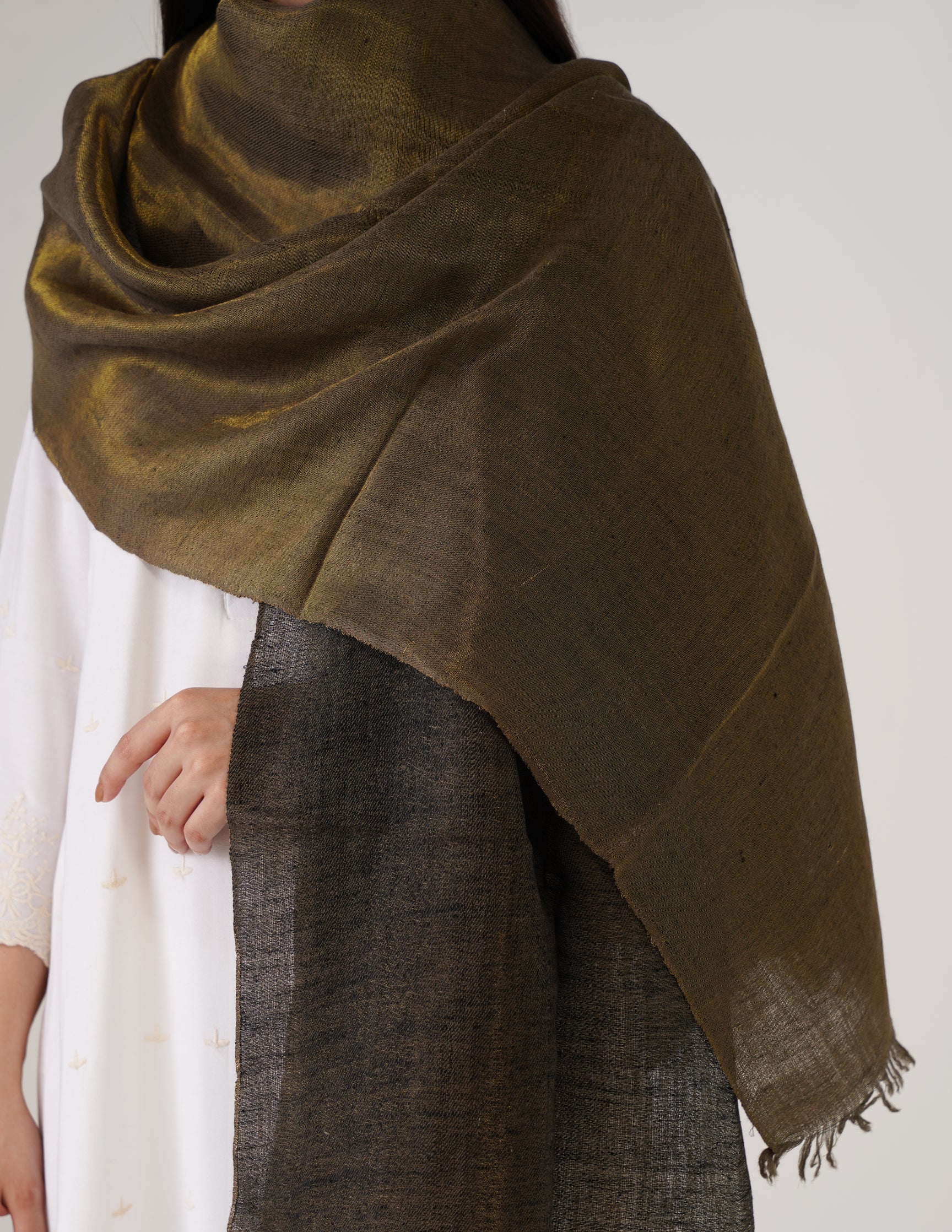 Kashmiri Handwoven Pashmina Reversible Stole – Black & Metallic Golden | Handwoven Heritage