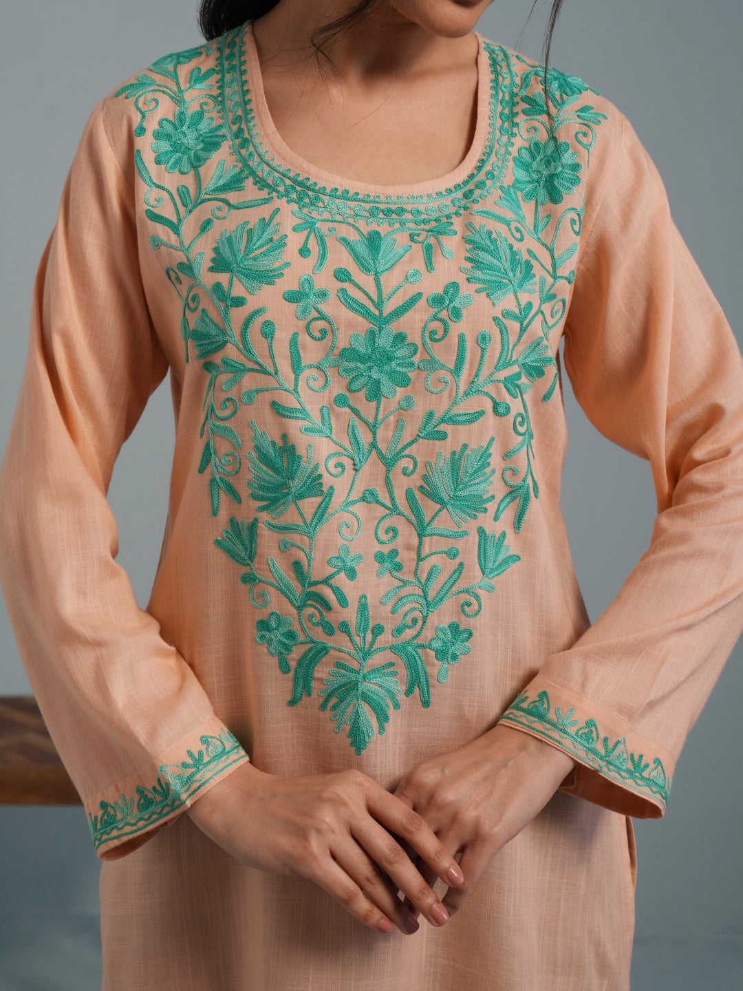 Almond Kashmiri Aari Embroidered Rayon Kurta