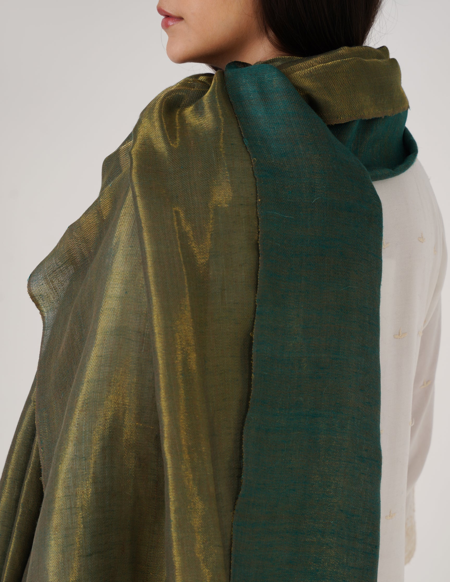 Kashmiri Handwoven Pashmina Reversible Stole – Green & Metallic Golden | Handwoven Heritage