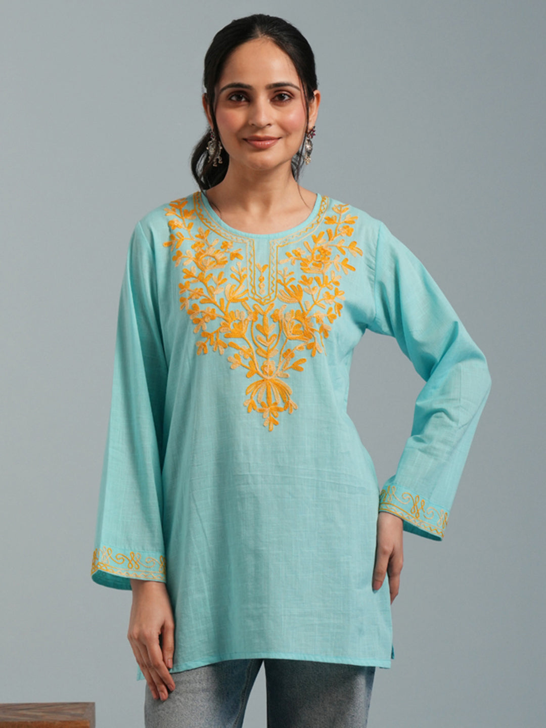 Sky Blue Kashmiri Aari Embroidered Rayon Kurta