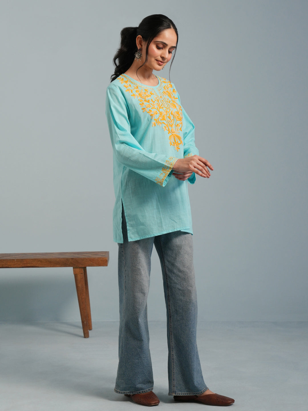 Sky Blue Kashmiri Aari Embroidered Rayon Kurta