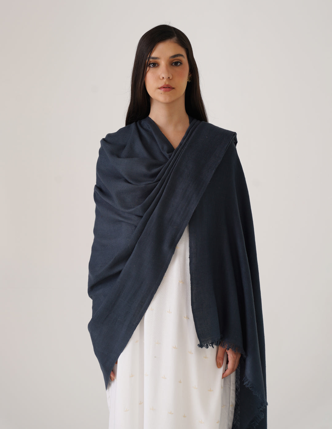 Kashmiri Handwoven Solid Cashmere Pashmina Shawl – Dark Teal Blue | Handwoven Heritage
