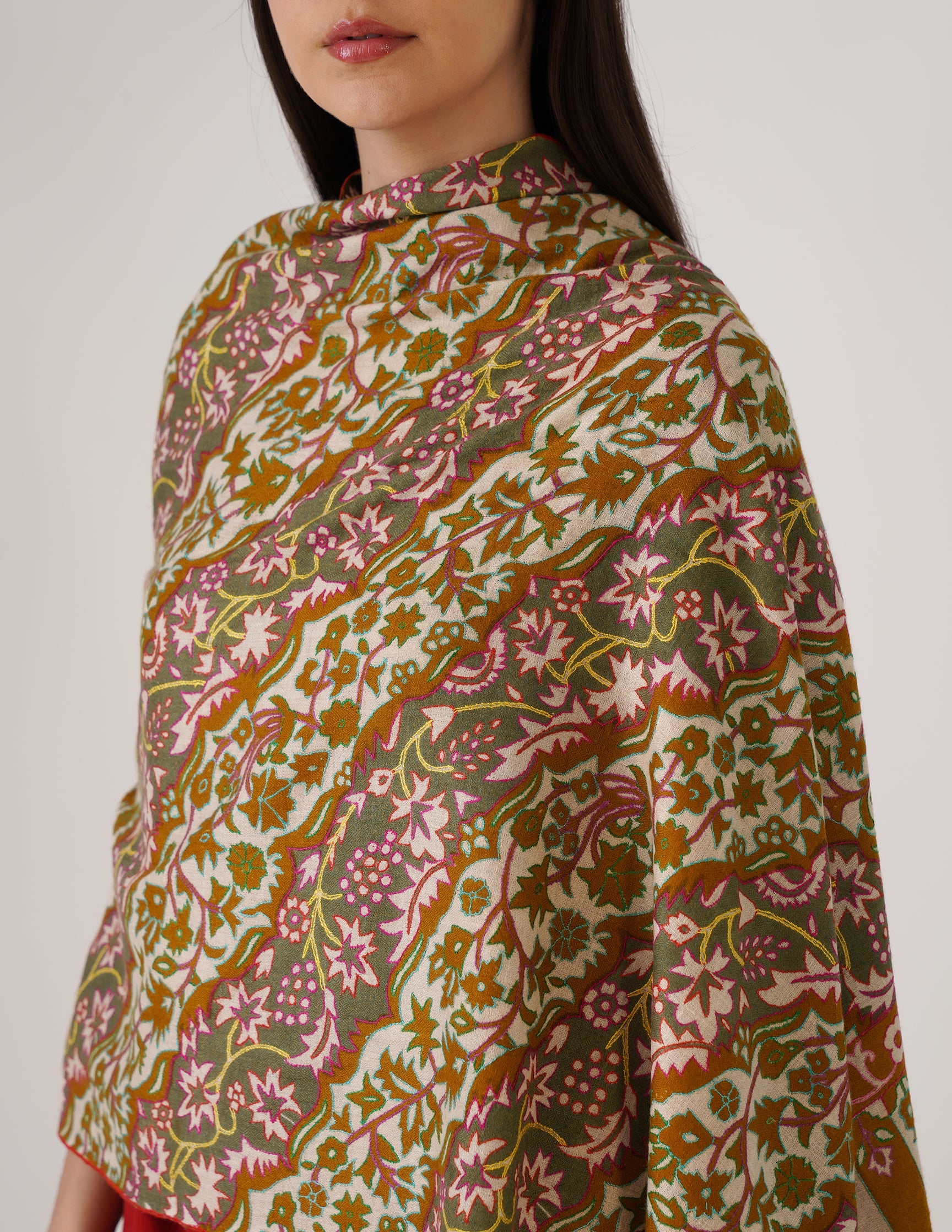 Kashmiri Handwoven Pashmina Sozni Stole Outline Embroidery – Mustard Gold | Handwoven Heritage | GI Certified