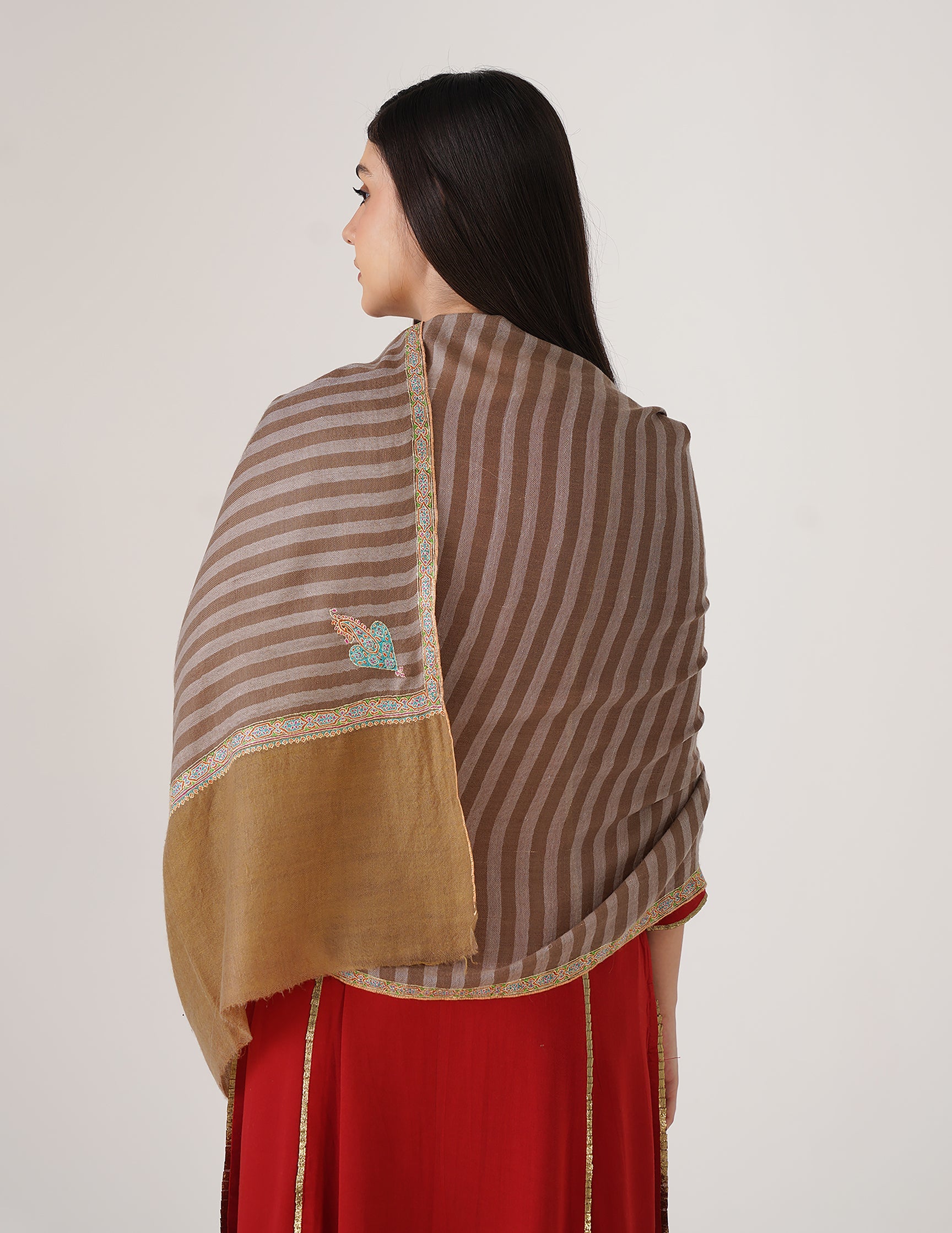 Kashmiri Handwoven Pashmina Sozni Stole Hashidaar Stripes – Brown & Grey | Handwoven Heritage