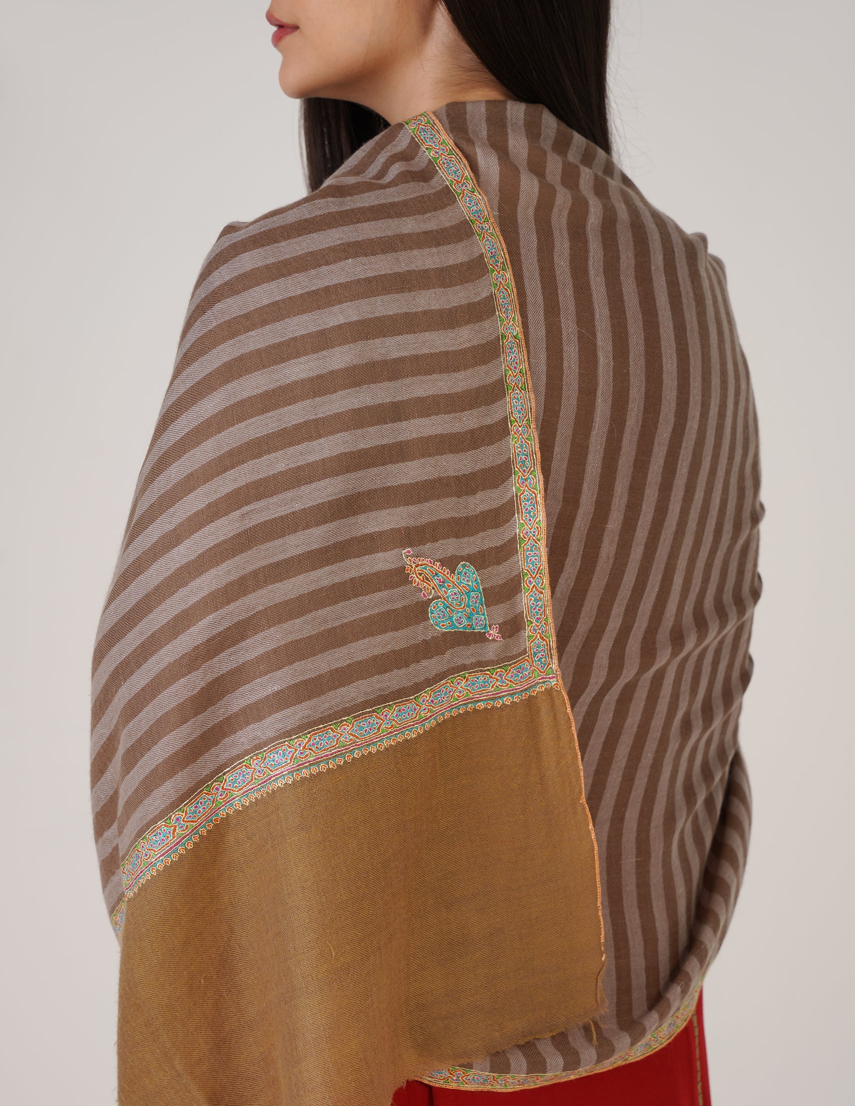 Kashmiri Handwoven Pashmina Sozni Stole Hashidaar Stripes – Brown & Grey | Handwoven Heritage