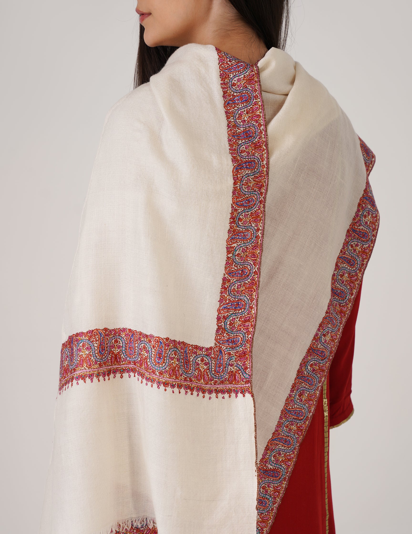 Kashmiri Handwoven Pashmina Sozni Stole Neemdore – Off White | Handwoven Heritage