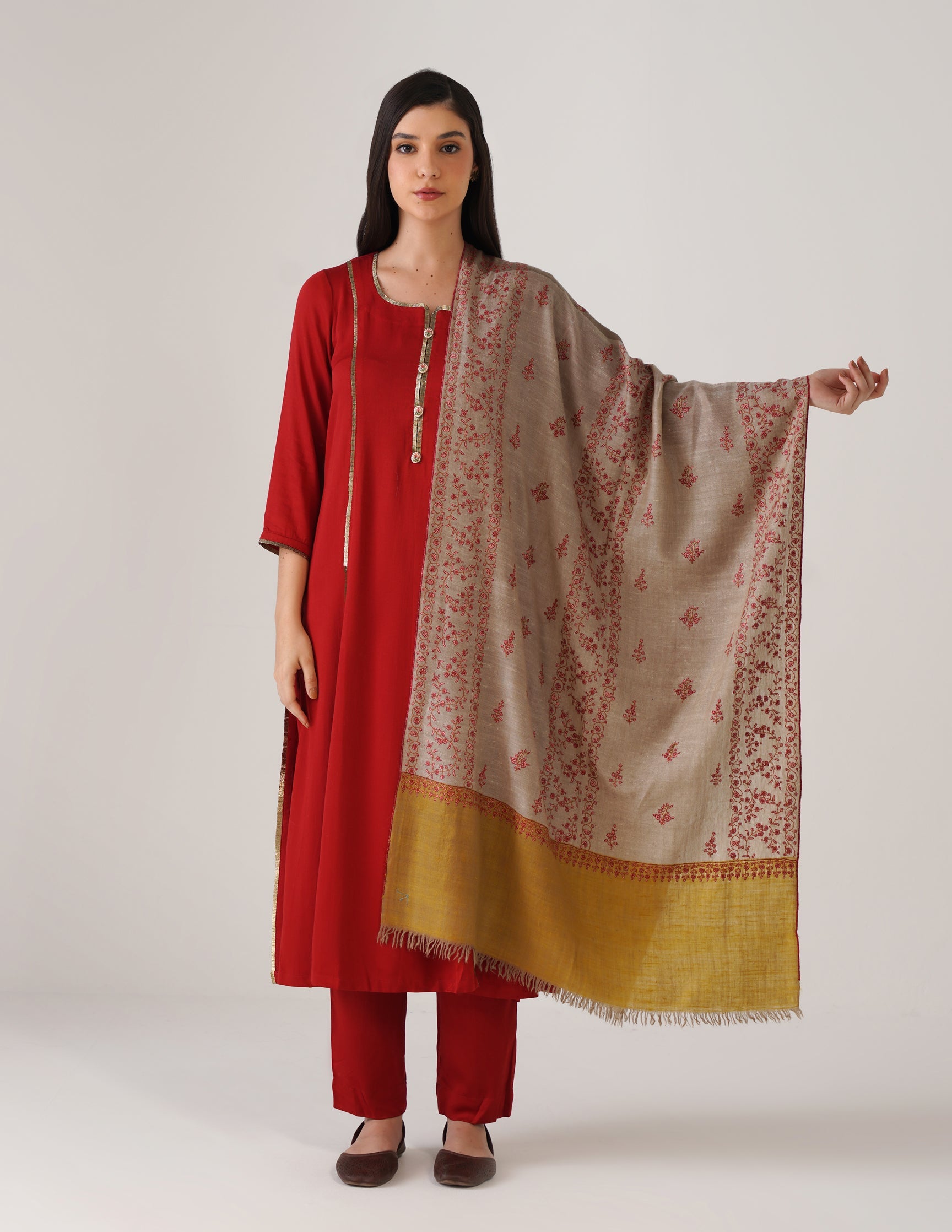 Kashmiri Handwoven Pashmina Sozni Stole Modern Design – Mustard Natural | Handwoven Heritage