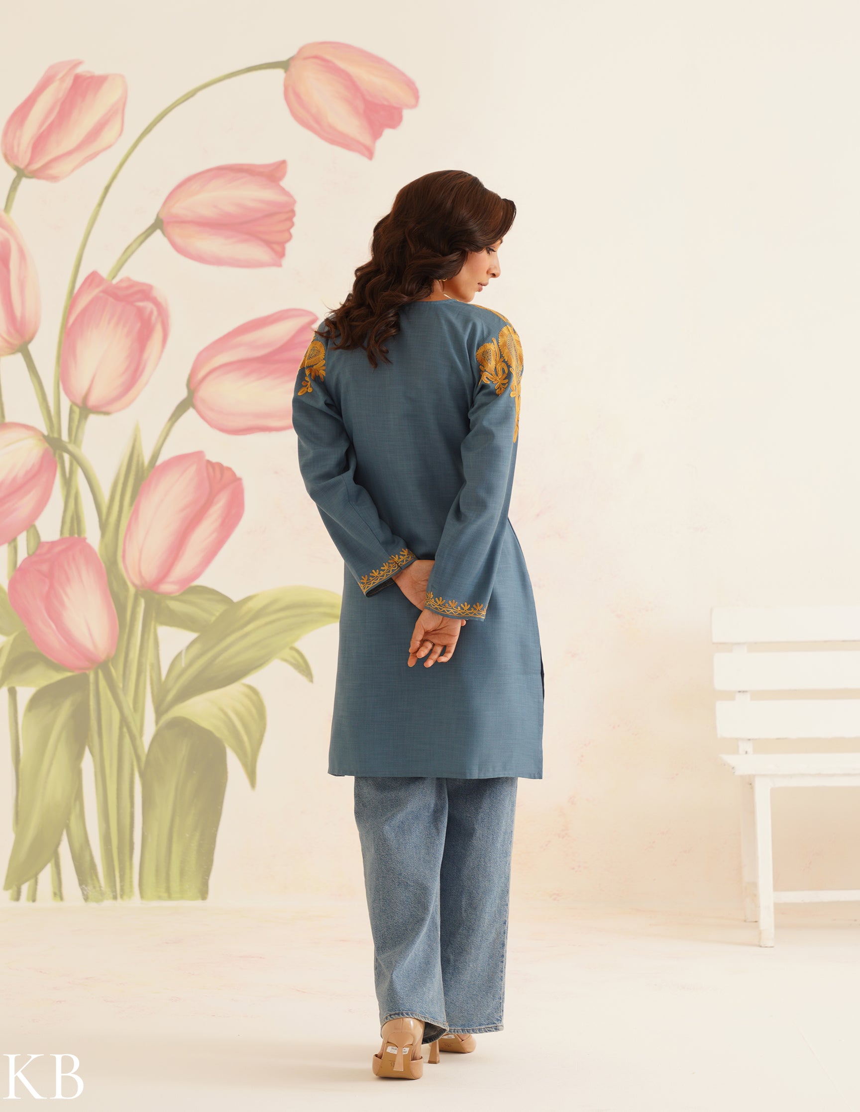 Teal Blue Cotton Kurti with Golden Kashmiri Aari Embroidery | AM to PM Wear | Bahaar Collection 2025