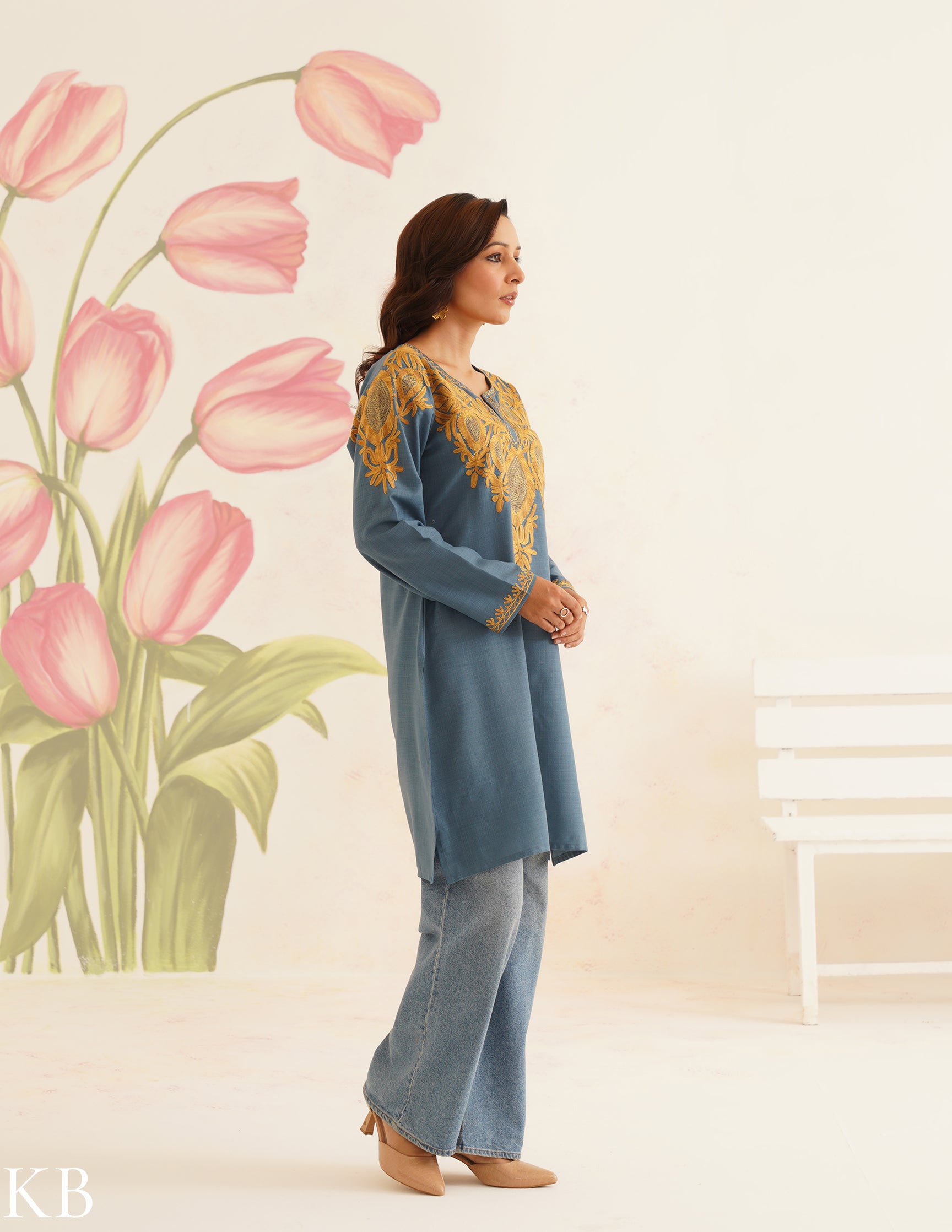Teal Blue Cotton Kurti with Golden Kashmiri Aari Embroidery | AM to PM Wear | Bahaar Collection 2025