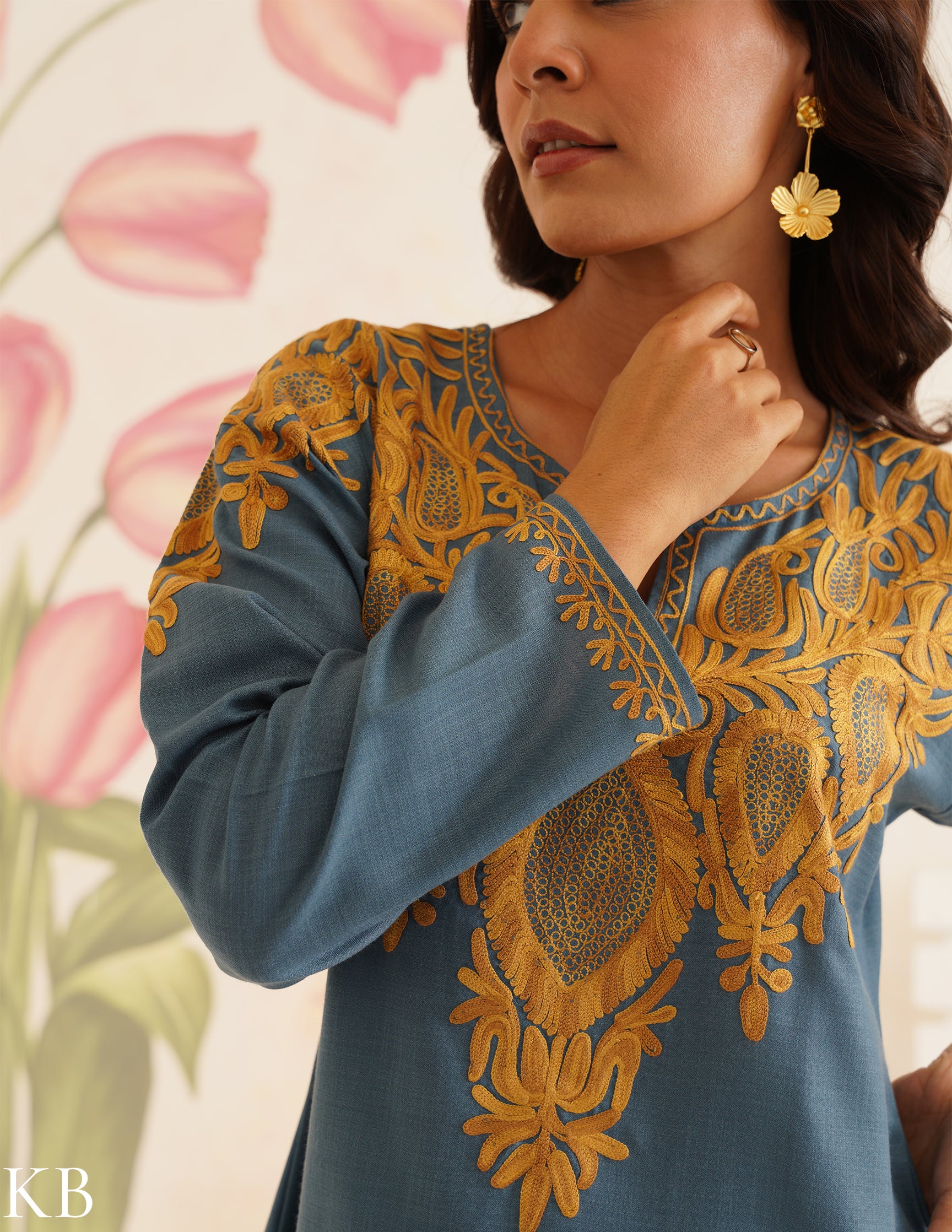 Teal Blue Cotton Kurti with Golden Kashmiri Aari Embroidery | AM to PM Wear | Bahaar Collection 2025
