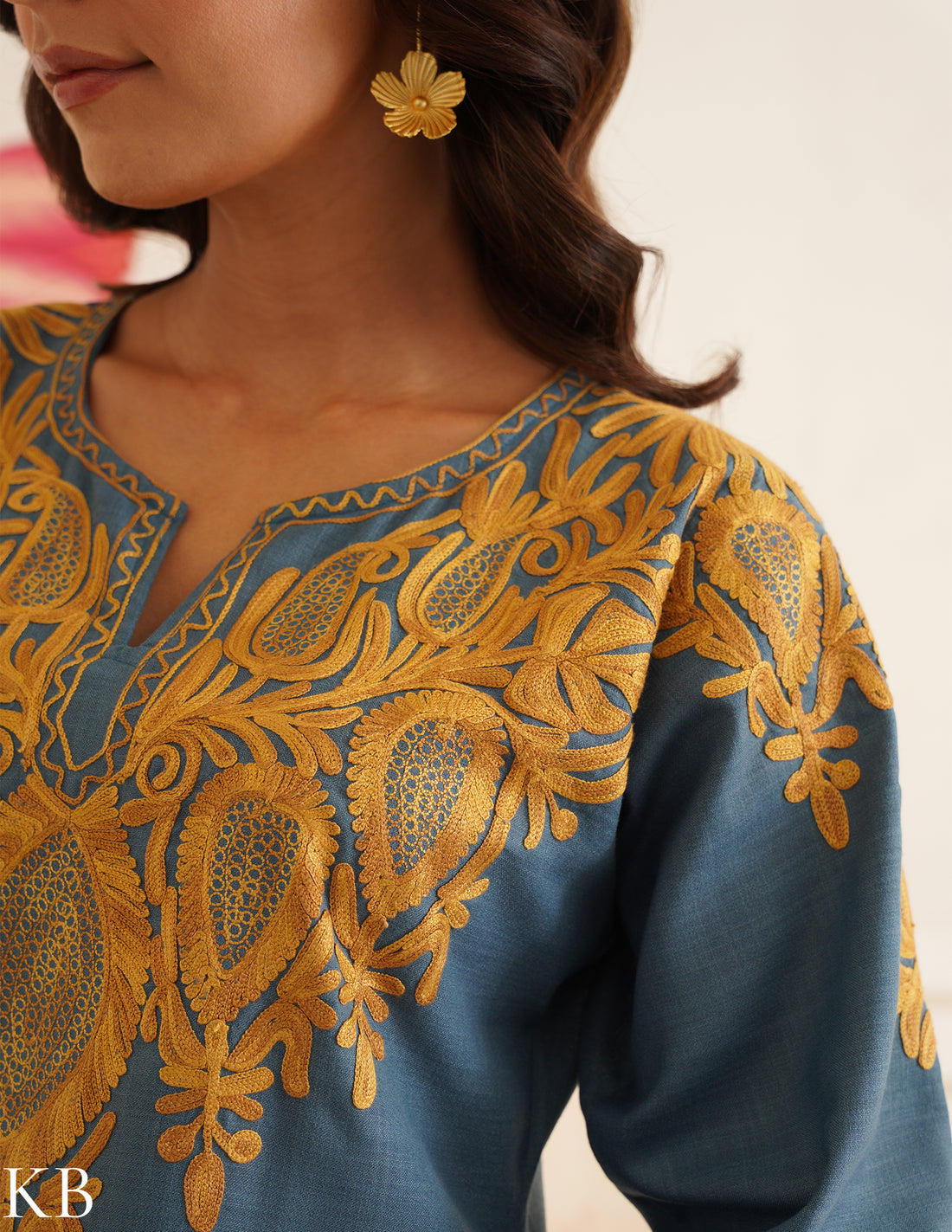 Teal Blue Cotton Kurti with Golden Kashmiri Aari Embroidery | AM to PM Wear | Bahaar Collection 2025