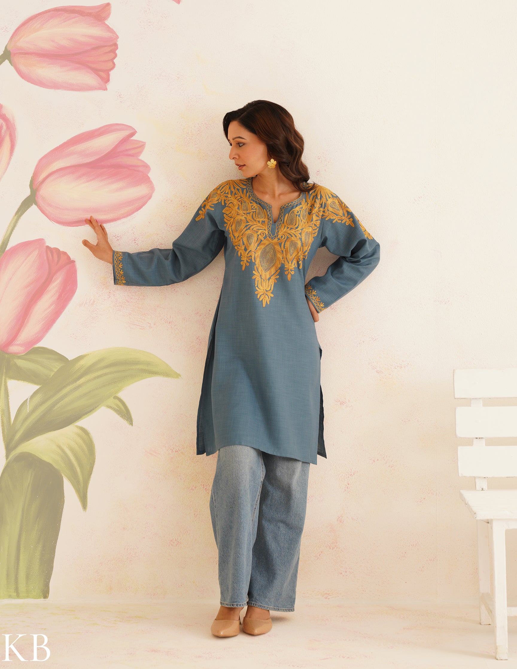 Teal Blue Cotton Kurti with Golden Kashmiri Aari Embroidery | AM to PM Wear | Bahaar Collection 2025