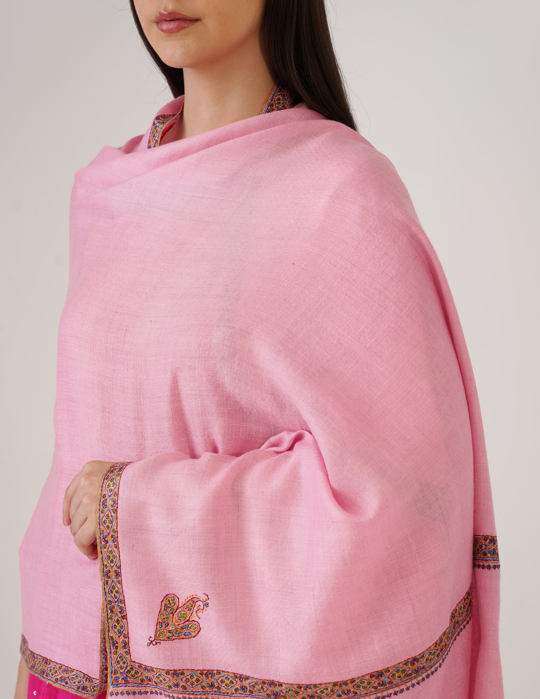 Kashmiri Handwoven Pashmina Sozni Stole Hashidaar – Candy Pink | Handwoven Heritage | GI Certified