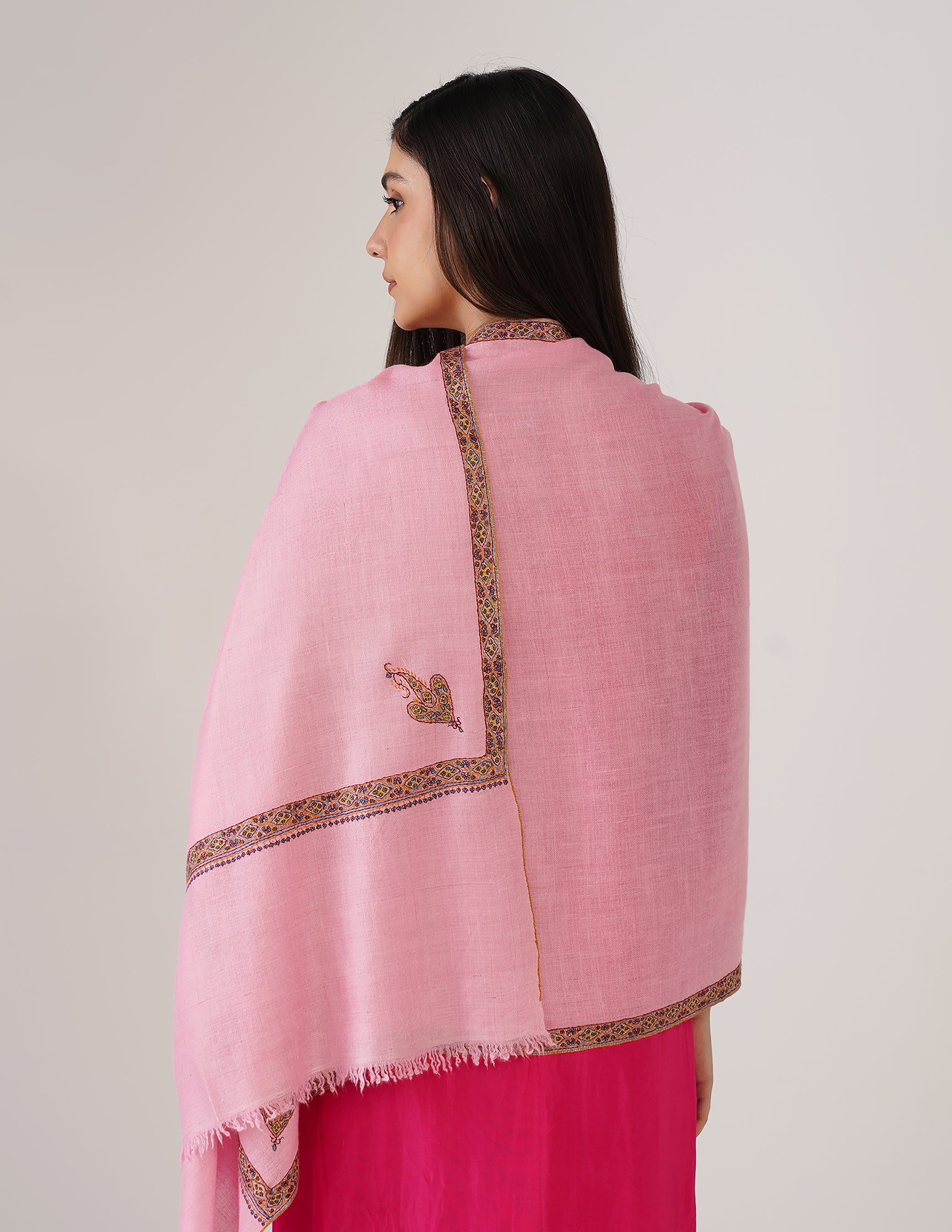 Kashmiri Handwoven Pashmina Sozni Stole Hashidaar – Candy Pink | Handwoven Heritage | GI Certified